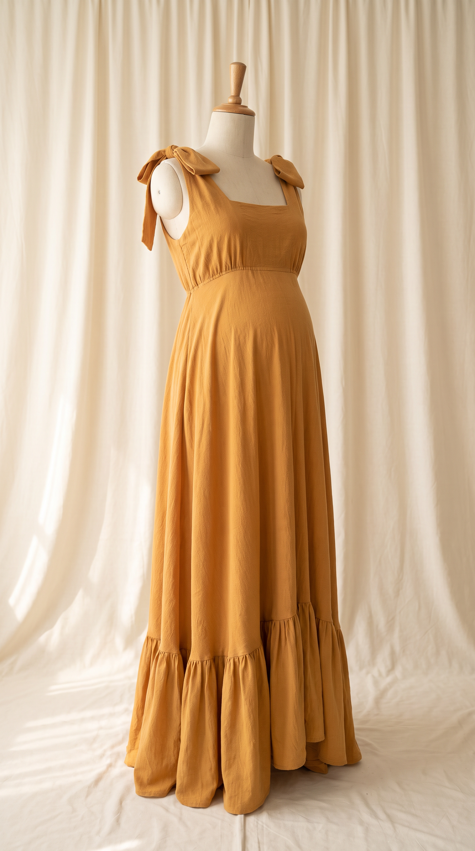 AI Design for 

{
  "task": "Reference-guided maternity garment transfer and studio background replacement",
  "reference_image": "[Attach the original maternity dress photograph]",
  "prompt": "Create a photorealistic maternity fashion product photograph using the attached image as the authoritative garment reference. Transfer the existing dress onto the specified pregnant tailor's dress form; do not create a similar dress, reinterpret the design, beautify it, or redesign it. Change only the original wearer or display form and the surrounding environment. Garment fidelity takes priority over styling and aesthetics. Follow the preservation, mannequin, background, lighting, and framing requirements below.",
  "garment_preservation": {
    "preserve": "Match the visible reference faithfully: hue, saturation, tonal relationships, fabric texture and weight, weave, sheen, transparency, print scale and placement, lace motifs, embroidery, embellishments, seams, neckline, bodice construction, waistline, sleeve cut and length, cuffs, hem, skirt volume, dress length, and any existing train.",
    "fit_and_drape": "Allow only the physically necessary changes in folds and tension caused by fitting the garment to the pregnant form. Preserve the garment's construction and overall silhouette. Fabric must respond naturally to gravity and belly volume, without stretching prints, melting lace, or distorting seams. Support the sleeves naturally without visible arms, hands, rods, or stuffing.",
    "uncertainty": "Do not invent decorative details or unseen garment construction. Keep the reference viewing angle where possible. If the hem or train is cropped out, preserve a comparable crop rather than inventing its appearance. Do not add a train if none is shown."
  },
  "mannequin": {
    "type": "Classic vintage tailor's dress form with a realistic pregnant torso and softly rounded belly, standing upright and centered.",
    "finish": "Matte cream-ivory linen-covered body, gently rounded shoulder ends, and a small round natural-wood neck cap. No head, facial features, arms, hands, human skin, glossy plastic, or exaggerated anatomy.",
    "visibility": "The dress remains the visual focus. Show the form only where the garment naturally exposes it; do not alter the neckline or opacity to hide it. Keep any support discreet and mostly concealed by the garment."
  },
  "background": "A plain warm off-white ivory fabric curtain with soft vertical folds and subtle vintage texture, clean and unpatterned. Matching ivory fabric continues onto the floor in gentle natural folds, creating visual continuity without a hard horizon line. No furniture, props, decorative architecture, or additional objects.",
  "lighting": "Large, soft, diffused daylight from slightly above and to one side; gentle fill, delicate contact shadows, and natural depth. Neutral white balance preserves garment color. Maintain separation between the dress and ivory backdrop without changing either color. No harsh shadows, clipped highlights, strong color casts, or artificial glow.",
  "composition": "Portrait framing, centered subject, straight verticals, realistic proportions, and minimal perspective distortion. Show the complete dress and existing train when supported by the reference, with modest breathing room. Preserve a cropped composition when required to avoid inventing missing garment details.",
  "output": {
    "aspect_ratio": "16:21",
    "orientation": "portrait",
    "style": "High-detail photorealistic product photography; crisp textile detail, natural tonal transitions, no CGI appearance."
  },
  "negative_prompt": "human model, head, face, hair, arms, hands, exposed human skin, non-pregnant torso, oversized belly, glossy plastic mannequin, redesigned dress, altered neckline, missing sleeves, added sleeves, changed hem, invented train, changed color, incorrect print scale, misplaced pattern, missing embellishments, added decorations, warped seams, melted lace, floating fabric, artificial transparency, clutter, furniture, luxury interior, text, logo, watermark, harsh flash, yellow color cast, oversaturation, blur, excessive smoothing, CGI, illustration"
}
