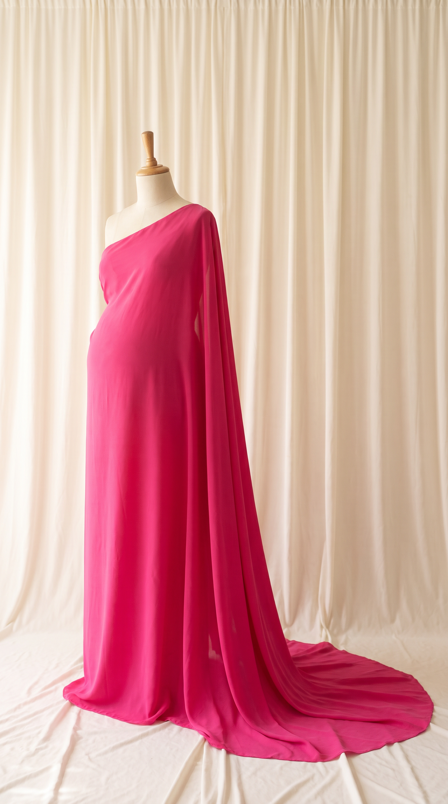 AI Design for 

{
  "task": "Reference-guided maternity garment transfer and studio background replacement",
  "reference_image": "[Attach the original maternity dress photograph]",
  "prompt": "Create a photorealistic maternity fashion product photograph using the attached image as the authoritative garment reference. Transfer the existing dress onto the specified pregnant tailor's dress form; do not create a similar dress, reinterpret the design, beautify it, or redesign it. Change only the original wearer or display form and the surrounding environment. Garment fidelity takes priority over styling and aesthetics. Follow the preservation, mannequin, background, lighting, and framing requirements below.",
  "garment_preservation": {
    "preserve": "Match the visible reference faithfully: hue, saturation, tonal relationships, fabric texture and weight, weave, sheen, transparency, print scale and placement, lace motifs, embroidery, embellishments, seams, neckline, bodice construction, waistline, sleeve cut and length, cuffs, hem, skirt volume, dress length, and any existing train.",
    "fit_and_drape": "Allow only the physically necessary changes in folds and tension caused by fitting the garment to the pregnant form. Preserve the garment's construction and overall silhouette. Fabric must respond naturally to gravity and belly volume, without stretching prints, melting lace, or distorting seams. Support the sleeves naturally without visible arms, hands, rods, or stuffing.",
    "uncertainty": "Do not invent decorative details or unseen garment construction. Keep the reference viewing angle where possible. If the hem or train is cropped out, preserve a comparable crop rather than inventing its appearance. Do not add a train if none is shown."
  },
  "mannequin": {
    "type": "Classic vintage tailor's dress form with a realistic pregnant torso and softly rounded belly, standing upright and centered.",
    "finish": "Matte cream-ivory linen-covered body, gently rounded shoulder ends, and a small round natural-wood neck cap. No head, facial features, arms, hands, human skin, glossy plastic, or exaggerated anatomy.",
    "visibility": "The dress remains the visual focus. Show the form only where the garment naturally exposes it; do not alter the neckline or opacity to hide it. Keep any support discreet and mostly concealed by the garment."
  },
  "background": "A plain warm off-white ivory fabric curtain with soft vertical folds and subtle vintage texture, clean and unpatterned. Matching ivory fabric continues onto the floor in gentle natural folds, creating visual continuity without a hard horizon line. No furniture, props, decorative architecture, or additional objects.",
  "lighting": "Large, soft, diffused daylight from slightly above and to one side; gentle fill, delicate contact shadows, and natural depth. Neutral white balance preserves garment color. Maintain separation between the dress and ivory backdrop without changing either color. No harsh shadows, clipped highlights, strong color casts, or artificial glow.",
  "composition": "Portrait framing, centered subject, straight verticals, realistic proportions, and minimal perspective distortion. Show the complete dress and existing train when supported by the reference, with modest breathing room. Preserve a cropped composition when required to avoid inventing missing garment details.",
  "output": {
    "aspect_ratio": "16:21",
    "orientation": "portrait",
    "style": "High-detail photorealistic product photography; crisp textile detail, natural tonal transitions, no CGI appearance."
  },
  "negative_prompt": "human model, head, face, hair, arms, hands, exposed human skin, non-pregnant torso, oversized belly, glossy plastic mannequin, redesigned dress, altered neckline, missing sleeves, added sleeves, changed hem, invented train, changed color, incorrect print scale, misplaced pattern, missing embellishments, added decorations, warped seams, melted lace, floating fabric, artificial transparency, clutter, furniture, luxury interior, text, logo, watermark, harsh flash, yellow color cast, oversaturation, blur, excessive smoothing, CGI, illustration"
}
