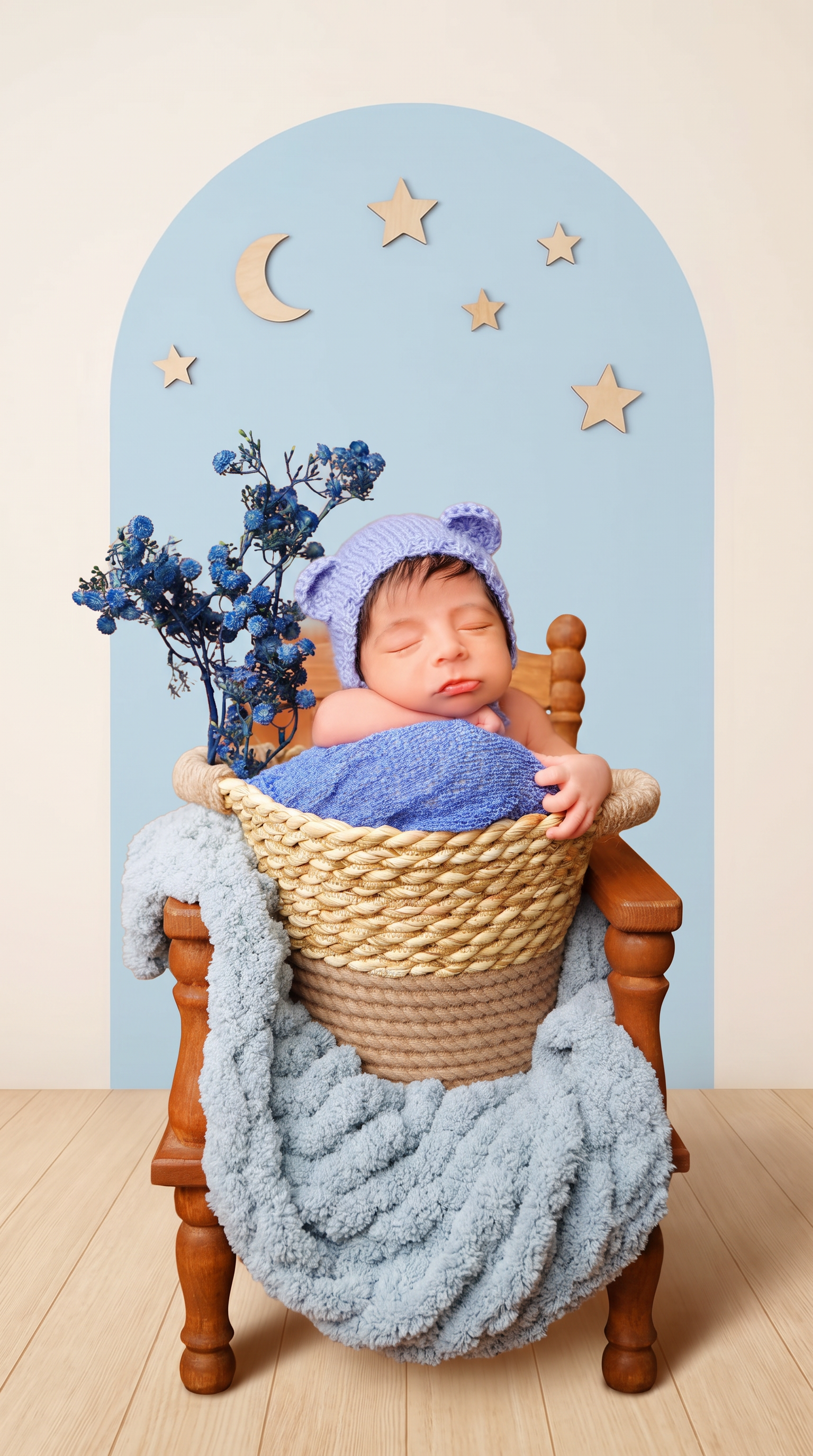 AI Design for Replace only the background wall and floor behind the subject with [پس‌زمینه‌ی دلخواه — مثلاً: a soft ivory studio backdrop with a pastel-blue arch, wooden moon and stars, and light-oak floor]. Keep everything else — the baby’s face, pose, hands, bonnet, basket, blankets, chair, and all foreground elements — pixel-identical to the original. Match the original lighting direction and warmth. Add natural contact shadows only where the chair legs touch the new floor. No canvas extension, no outpainting, no change in composition or subject scale.
