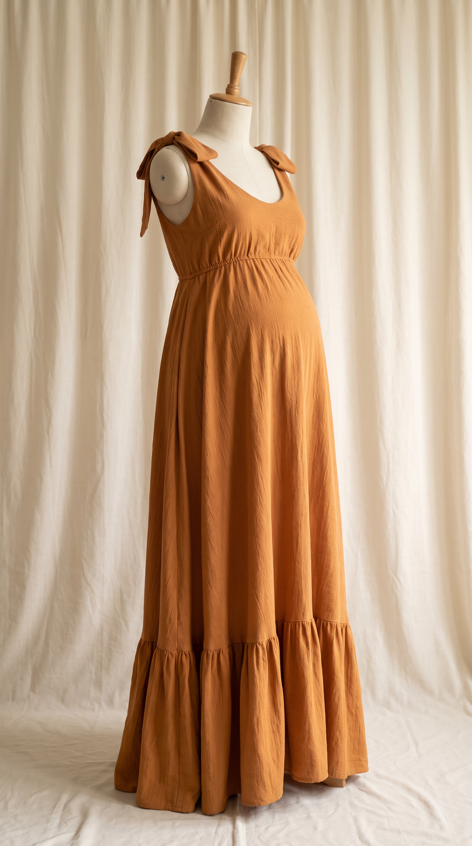 AI Design for 

{
  "task": "Reference-guided maternity garment transfer and studio background replacement",
  "reference_image": "[Attach the original maternity dress photograph]",
  "prompt": "Create a photorealistic maternity fashion product photograph using the attached image as the authoritative garment reference. Transfer the existing dress onto the specified pregnant tailor's dress form; do not create a similar dress, reinterpret the design, beautify it, or redesign it. Change only the original wearer or display form and the surrounding environment. Garment fidelity takes priority over styling and aesthetics. Follow the preservation, mannequin, background, lighting, and framing requirements below.",
  "garment_preservation": {
    "preserve": "Match the visible reference faithfully: hue, saturation, tonal relationships, fabric texture and weight, weave, sheen, transparency, print scale and placement, lace motifs, embroidery, embellishments, seams, neckline, bodice construction, waistline, sleeve cut and length, cuffs, hem, skirt volume, dress length, and any existing train.",
    "fit_and_drape": "Allow only the physically necessary changes in folds and tension caused by fitting the garment to the pregnant form. Preserve the garment's construction and overall silhouette. Fabric must respond naturally to gravity and belly volume, without stretching prints, melting lace, or distorting seams. Support the sleeves naturally without visible arms, hands, rods, or stuffing.",
    "uncertainty": "Do not invent decorative details or unseen garment construction. Keep the reference viewing angle where possible. If the hem or train is cropped out, preserve a comparable crop rather than inventing its appearance. Do not add a train if none is shown."
  },
  "mannequin": {
    "type": "Classic vintage tailor's dress form with a realistic pregnant torso and softly rounded belly, standing upright and centered.",
    "finish": "Matte cream-ivory linen-covered body, gently rounded shoulder ends, and a small round natural-wood neck cap. No head, facial features, arms, hands, human skin, glossy plastic, or exaggerated anatomy.",
    "visibility": "The dress remains the visual focus. Show the form only where the garment naturally exposes it; do not alter the neckline or opacity to hide it. Keep any support discreet and mostly concealed by the garment."
  },
  "background": "A plain warm off-white ivory fabric curtain with soft vertical folds and subtle vintage texture, clean and unpatterned. Matching ivory fabric continues onto the floor in gentle natural folds, creating visual continuity without a hard horizon line. No furniture, props, decorative architecture, or additional objects.",
  "lighting": "Large, soft, diffused daylight from slightly above and to one side; gentle fill, delicate contact shadows, and natural depth. Neutral white balance preserves garment color. Maintain separation between the dress and ivory backdrop without changing either color. No harsh shadows, clipped highlights, strong color casts, or artificial glow.",
  "composition": "Portrait framing, centered subject, straight verticals, realistic proportions, and minimal perspective distortion. Show the complete dress and existing train when supported by the reference, with modest breathing room. Preserve a cropped composition when required to avoid inventing missing garment details.",
  "output": {
    "aspect_ratio": "16:21",
    "orientation": "portrait",
    "style": "High-detail photorealistic product photography; crisp textile detail, natural tonal transitions, no CGI appearance."
  },
  "negative_prompt": "human model, head, face, hair, arms, hands, exposed human skin, non-pregnant torso, oversized belly, glossy plastic mannequin, redesigned dress, altered neckline, missing sleeves, added sleeves, changed hem, invented train, changed color, incorrect print scale, misplaced pattern, missing embellishments, added decorations, warped seams, melted lace, floating fabric, artificial transparency, clutter, furniture, luxury interior, text, logo, watermark, harsh flash, yellow color cast, oversaturation, blur, excessive smoothing, CGI, illustration"
}
