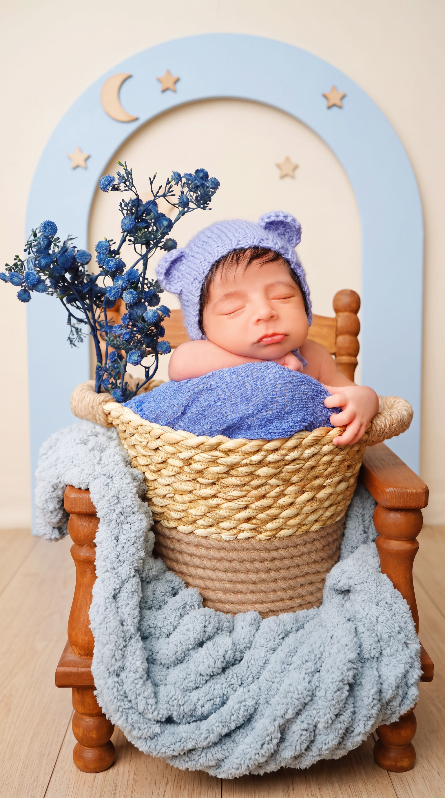 AI Design for Replace only the background wall and floor behind the subject with [پس‌زمینه‌ی دلخواه — مثلاً: a soft ivory studio backdrop with a pastel-blue arch, wooden moon and stars, and light-oak floor]. Keep everything else — the baby’s face, pose, hands, bonnet, basket, blankets, chair, and all foreground elements — pixel-identical to the original. Match the original lighting direction and warmth. Add natural contact shadows only where the chair legs touch the new floor. No canvas extension, no outpainting, no change in composition or subject scale.