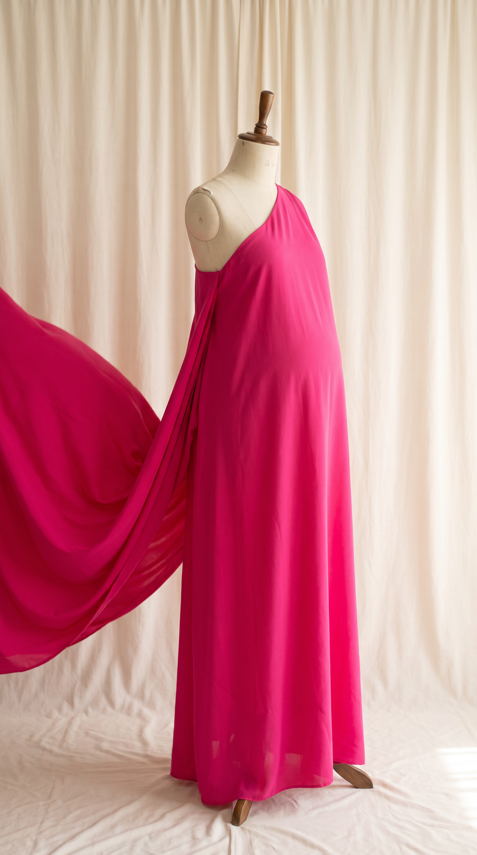 AI Design for 

{
  "task": "Reference-guided maternity garment transfer and studio background replacement",
  "reference_image": "[Attach the original maternity dress photograph]",
  "prompt": "Create a photorealistic maternity fashion product photograph using the attached image as the authoritative garment reference. Transfer the existing dress onto the specified pregnant tailor's dress form; do not create a similar dress, reinterpret the design, beautify it, or redesign it. Change only the original wearer or display form and the surrounding environment. Garment fidelity takes priority over styling and aesthetics. Follow the preservation, mannequin, background, lighting, and framing requirements below.",
  "garment_preservation": {
    "preserve": "Match the visible reference faithfully: hue, saturation, tonal relationships, fabric texture and weight, weave, sheen, transparency, print scale and placement, lace motifs, embroidery, embellishments, seams, neckline, bodice construction, waistline, sleeve cut and length, cuffs, hem, skirt volume, dress length, and any existing train.",
    "fit_and_drape": "Allow only the physically necessary changes in folds and tension caused by fitting the garment to the pregnant form. Preserve the garment's construction and overall silhouette. Fabric must respond naturally to gravity and belly volume, without stretching prints, melting lace, or distorting seams. Support the sleeves naturally without visible arms, hands, rods, or stuffing.",
    "uncertainty": "Do not invent decorative details or unseen garment construction. Keep the reference viewing angle where possible. If the hem or train is cropped out, preserve a comparable crop rather than inventing its appearance. Do not add a train if none is shown."
  },
  "mannequin": {
    "type": "Classic vintage tailor's dress form with a realistic pregnant torso and softly rounded belly, standing upright and centered.",
    "finish": "Matte cream-ivory linen-covered body, gently rounded shoulder ends, and a small round natural-wood neck cap. No head, facial features, arms, hands, human skin, glossy plastic, or exaggerated anatomy.",
    "visibility": "The dress remains the visual focus. Show the form only where the garment naturally exposes it; do not alter the neckline or opacity to hide it. Keep any support discreet and mostly concealed by the garment."
  },
  "background": "A plain warm off-white ivory fabric curtain with soft vertical folds and subtle vintage texture, clean and unpatterned. Matching ivory fabric continues onto the floor in gentle natural folds, creating visual continuity without a hard horizon line. No furniture, props, decorative architecture, or additional objects.",
  "lighting": "Large, soft, diffused daylight from slightly above and to one side; gentle fill, delicate contact shadows, and natural depth. Neutral white balance preserves garment color. Maintain separation between the dress and ivory backdrop without changing either color. No harsh shadows, clipped highlights, strong color casts, or artificial glow.",
  "composition": "Portrait framing, centered subject, straight verticals, realistic proportions, and minimal perspective distortion. Show the complete dress and existing train when supported by the reference, with modest breathing room. Preserve a cropped composition when required to avoid inventing missing garment details.",
  "output": {
    "aspect_ratio": "16:21",
    "orientation": "portrait",
    "style": "High-detail photorealistic product photography; crisp textile detail, natural tonal transitions, no CGI appearance."
  },
  "negative_prompt": "human model, head, face, hair, arms, hands, exposed human skin, non-pregnant torso, oversized belly, glossy plastic mannequin, redesigned dress, altered neckline, missing sleeves, added sleeves, changed hem, invented train, changed color, incorrect print scale, misplaced pattern, missing embellishments, added decorations, warped seams, melted lace, floating fabric, artificial transparency, clutter, furniture, luxury interior, text, logo, watermark, harsh flash, yellow color cast, oversaturation, blur, excessive smoothing, CGI, illustration"
}
