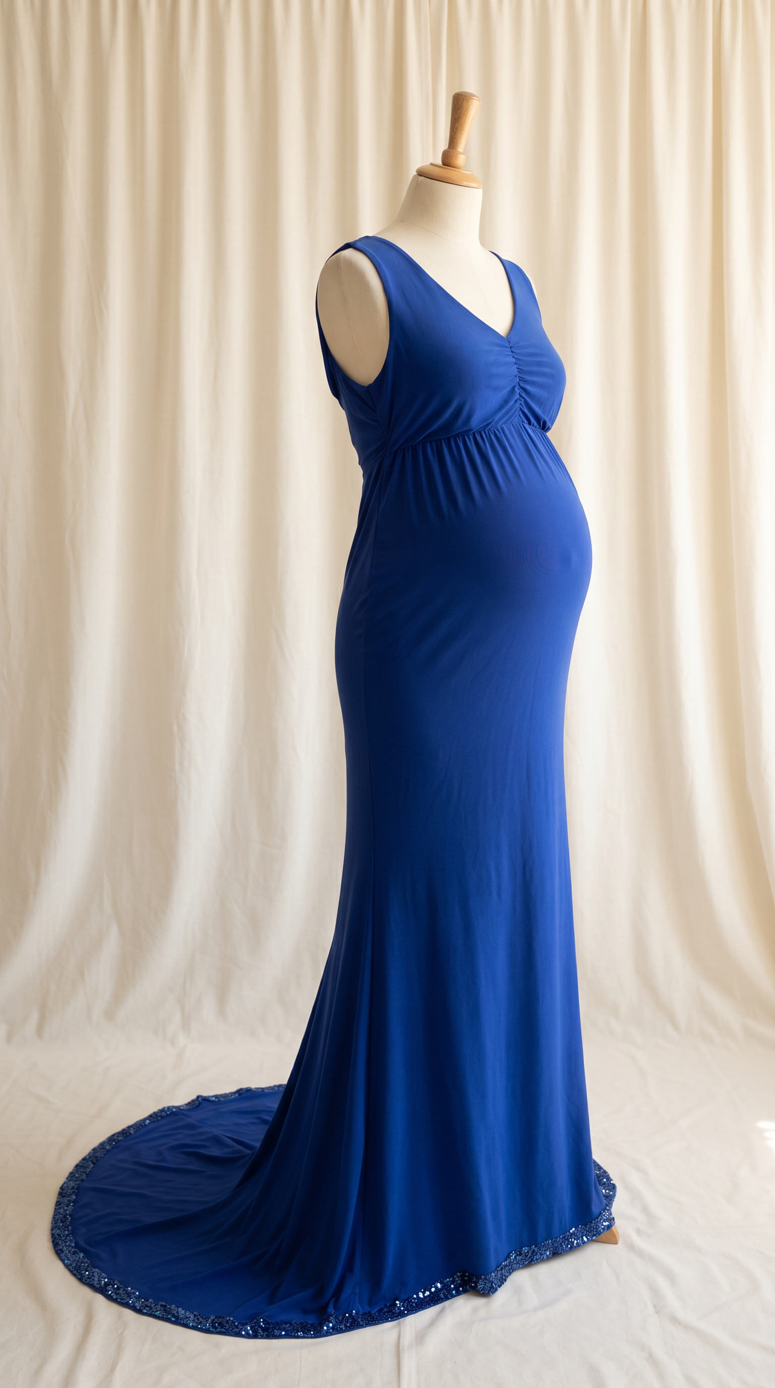 AI Design for 

{
  "task": "Reference-guided maternity garment transfer and studio background replacement",
  "reference_image": "[Attach the original maternity dress photograph]",
  "prompt": "Create a photorealistic maternity fashion product photograph using the attached image as the authoritative garment reference. Transfer the existing dress onto the specified pregnant tailor's dress form; do not create a similar dress, reinterpret the design, beautify it, or redesign it. Change only the original wearer or display form and the surrounding environment. Garment fidelity takes priority over styling and aesthetics. Follow the preservation, mannequin, background, lighting, and framing requirements below.",
  "garment_preservation": {
    "preserve": "Match the visible reference faithfully: hue, saturation, tonal relationships, fabric texture and weight, weave, sheen, transparency, print scale and placement, lace motifs, embroidery, embellishments, seams, neckline, bodice construction, waistline, sleeve cut and length, cuffs, hem, skirt volume, dress length, and any existing train.",
    "fit_and_drape": "Allow only the physically necessary changes in folds and tension caused by fitting the garment to the pregnant form. Preserve the garment's construction and overall silhouette. Fabric must respond naturally to gravity and belly volume, without stretching prints, melting lace, or distorting seams. Support the sleeves naturally without visible arms, hands, rods, or stuffing.",
    "uncertainty": "Do not invent decorative details or unseen garment construction. Keep the reference viewing angle where possible. If the hem or train is cropped out, preserve a comparable crop rather than inventing its appearance. Do not add a train if none is shown."
  },
  "mannequin": {
    "type": "Classic vintage tailor's dress form with a realistic pregnant torso and softly rounded belly, standing upright and centered.",
    "finish": "Matte cream-ivory linen-covered body, gently rounded shoulder ends, and a small round natural-wood neck cap. No head, facial features, arms, hands, human skin, glossy plastic, or exaggerated anatomy.",
    "visibility": "The dress remains the visual focus. Show the form only where the garment naturally exposes it; do not alter the neckline or opacity to hide it. Keep any support discreet and mostly concealed by the garment."
  },
  "background": "A plain warm off-white ivory fabric curtain with soft vertical folds and subtle vintage texture, clean and unpatterned. Matching ivory fabric continues onto the floor in gentle natural folds, creating visual continuity without a hard horizon line. No furniture, props, decorative architecture, or additional objects.",
  "lighting": "Large, soft, diffused daylight from slightly above and to one side; gentle fill, delicate contact shadows, and natural depth. Neutral white balance preserves garment color. Maintain separation between the dress and ivory backdrop without changing either color. No harsh shadows, clipped highlights, strong color casts, or artificial glow.",
  "composition": "Portrait framing, centered subject, straight verticals, realistic proportions, and minimal perspective distortion. Show the complete dress and existing train when supported by the reference, with modest breathing room. Preserve a cropped composition when required to avoid inventing missing garment details.",
  "output": {
    "aspect_ratio": "16:21",
    "orientation": "portrait",
    "style": "High-detail photorealistic product photography; crisp textile detail, natural tonal transitions, no CGI appearance."
  },
  "negative_prompt": "human model, head, face, hair, arms, hands, exposed human skin, non-pregnant torso, oversized belly, glossy plastic mannequin, redesigned dress, altered neckline, missing sleeves, added sleeves, changed hem, invented train, changed color, incorrect print scale, misplaced pattern, missing embellishments, added decorations, warped seams, melted lace, floating fabric, artificial transparency, clutter, furniture, luxury interior, text, logo, watermark, harsh flash, yellow color cast, oversaturation, blur, excessive smoothing, CGI, illustration"
}
