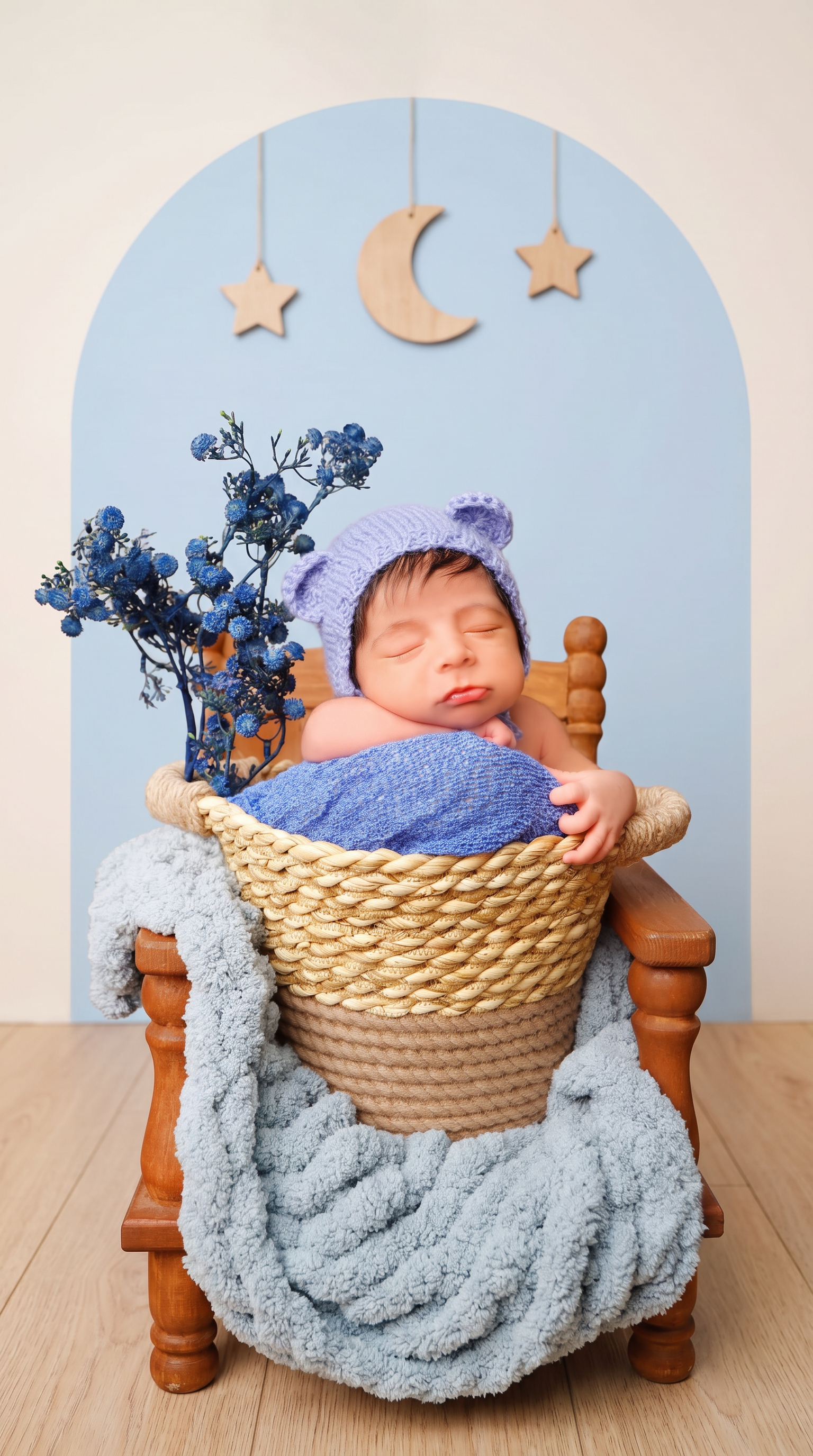 AI Design for Replace only the background wall and floor behind the subject with [پس‌زمینه‌ی دلخواه — مثلاً: a soft ivory studio backdrop with a pastel-blue arch, wooden moon and stars, and light-oak floor]. Keep everything else — the baby’s face, pose, hands, bonnet, basket, blankets, chair, and all foreground elements — pixel-identical to the original. Match the original lighting direction and warmth. Add natural contact shadows only where the chair legs touch the new floor. No canvas extension, no outpainting, no change in composition or subject scale.