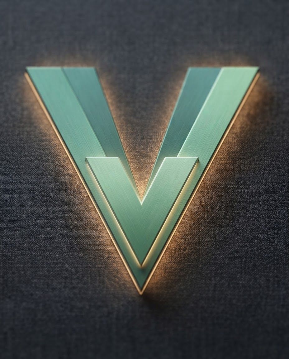 AI Design for Macro detail photograph of V Emblem highlighting material quality, finish, texture, or signature product detail. A 3D metallic letter 'V' with a brushed mint-green finish is centered on a dark, textured background. The emblem features layered geometric segments and a warm, glowing light emanating from its edges. Premium close-up lighting, tactile realism, shallow depth of field, product detail sharp and accurate.