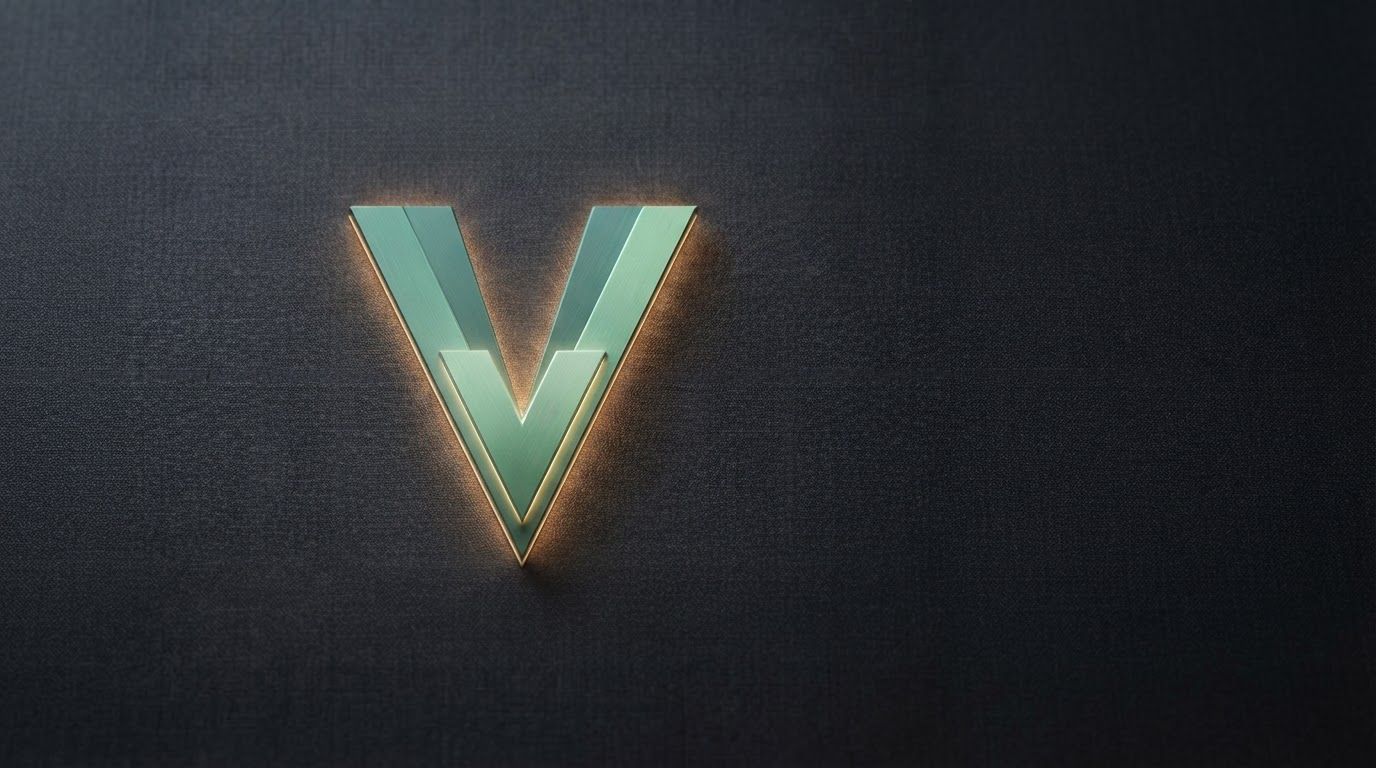 AI Design for Wide campaign hero photograph for V Emblem. A 3D metallic letter 'V' with a brushed mint-green finish is centered on a dark, textured background. The emblem features layered geometric segments and a warm, glowing light emanating from its edges. Premium advertising composition with the product as focal point, cinematic lighting, clean negative space on one side for copy to be added later, no rendered words or logos beyond the reference product.