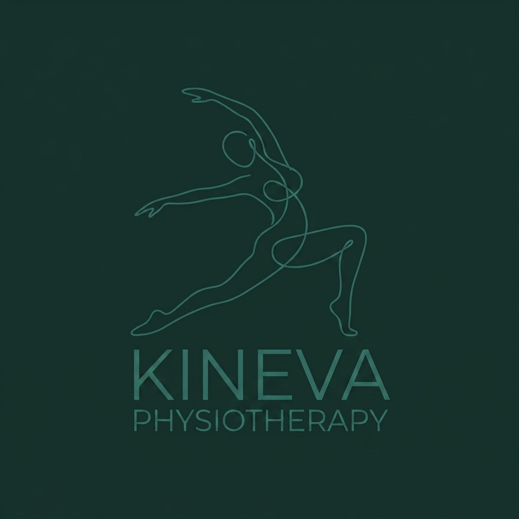 AI Design for Design a minimalist logo icon using ONE single continuous line to form an abstract human figure in a stretching or moving pose, in the style of fine-line botanical/fitness illustrations. No color fill — just a thin, elegant line stroke in deep teal or charcoal. Pair with clean sans-serif typography for "Kineva Physiotherapy" beside or below it. The icon should look premium and artistic, not like flat clipart.