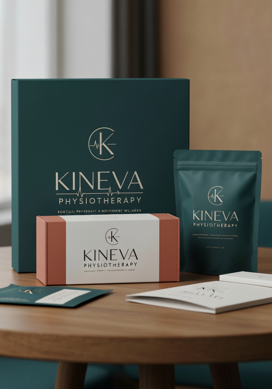 AI Design for Premium packaging mockup concept for Design an elegant, premium wordmark logo for "Kineva Physiotherapy" — a boutique physiotherapy and movement wellness studio. Focus on refined custom typography rather than a generic icon: try a modern serif or high-end sans-serif with subtle letter-spacing, possibly incorporating a minimal monogram using the letter "K" that subtly suggests motion or a pulse/heartbeat line. Avoid generic leaf, wave, or stick-figure icons. Color palette: deep teal, charcoal, or muted terracotta with gold/cream acc. Brand identity applied to realistic boxes, pouches, labels, wraps, or bags as appropriate, polished tabletop scene, tactile materials, no invented readable copy.