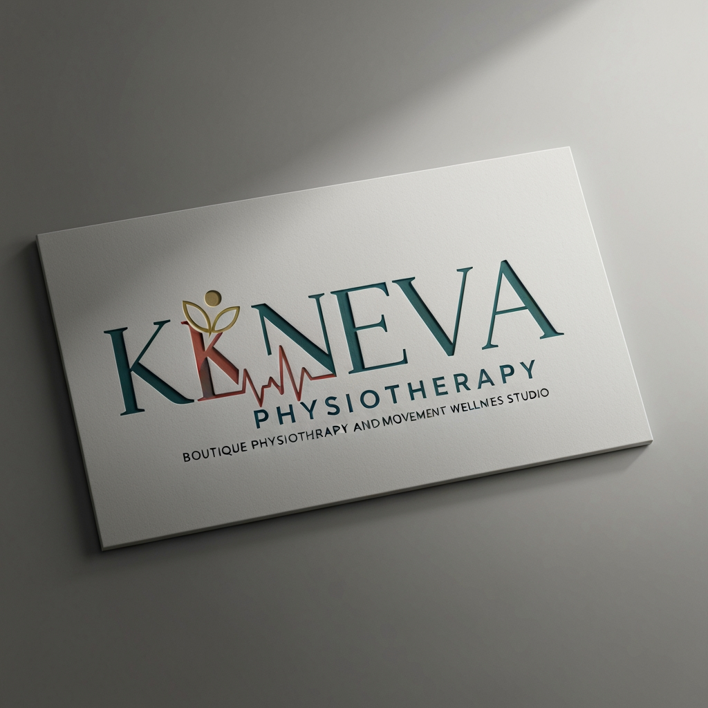 AI Design for Premium logo presentation mockup concept for Design an elegant, premium wordmark logo for "Kineva Physiotherapy" — a boutique physiotherapy and movement wellness studio. Focus on refined custom typography rather than a generic icon: try a modern serif or high-end sans-serif with subtle letter-spacing, possibly incorporating a minimal monogram using the letter "K" that subtly suggests motion or a pulse/heartbeat line. Avoid generic leaf, wave, or stick-figure icons. Color palette: deep teal, charcoal, or muted terracotta with gold/cream acc. Logo or brand mark displayed on a clean neutral surface with subtle depth, refined shadow, precise alignment, elegant design-studio presentation, no extra readable text.