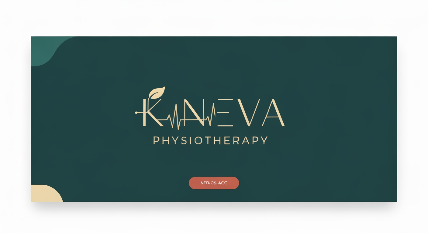 AI Design for Website hero image concept for Design an elegant, premium wordmark logo for "Kineva Physiotherapy" — a boutique physiotherapy and movement wellness studio. Focus on refined custom typography rather than a generic icon: try a modern serif or high-end sans-serif with subtle letter-spacing, possibly incorporating a minimal monogram using the letter "K" that subtly suggests motion or a pulse/heartbeat line. Avoid generic leaf, wave, or stick-figure icons. Color palette: deep teal, charcoal, or muted terracotta with gold/cream acc. Wide polished digital brand visual, clear focal identity element, cohesive colors and atmosphere, generous negative space for headline and CTA to be added later, no rendered UI text.