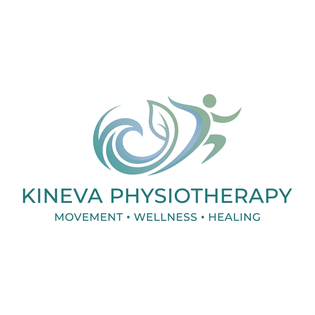 AI Design for A clean, modern, minimalist logo for a physiotherapy and wellness clinic called "Kineva Physiotherapy" with the tagline "Movement • Wellness • Healing". The logo should feel calming, professional, and trustworthy — suited for a healthcare/wellness brand. Use a soft, health-focused color palette (teal, soft blue, or sage green). Include a simple abstract icon symbolizing movement or healing (like a flowing wave, leaf, or abstract human figure in motion) paired with clean, modern sans-serif typography for the clinic name.