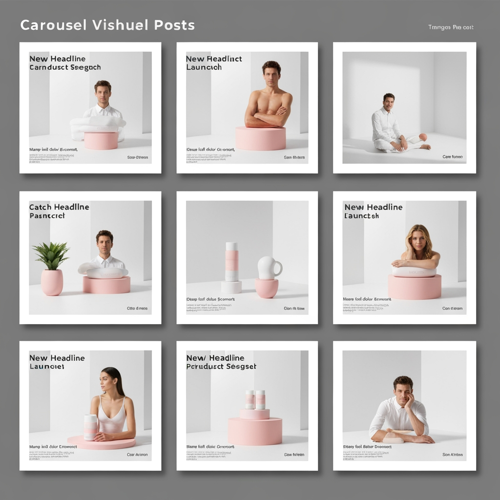 AI Design for Square social feed visual concept for Carousel posts for a product launch. Strong central subject, clean composition, platform-ready crop, cohesive color and mood, clear empty area for caption or headline to be added later, no readable text generated.