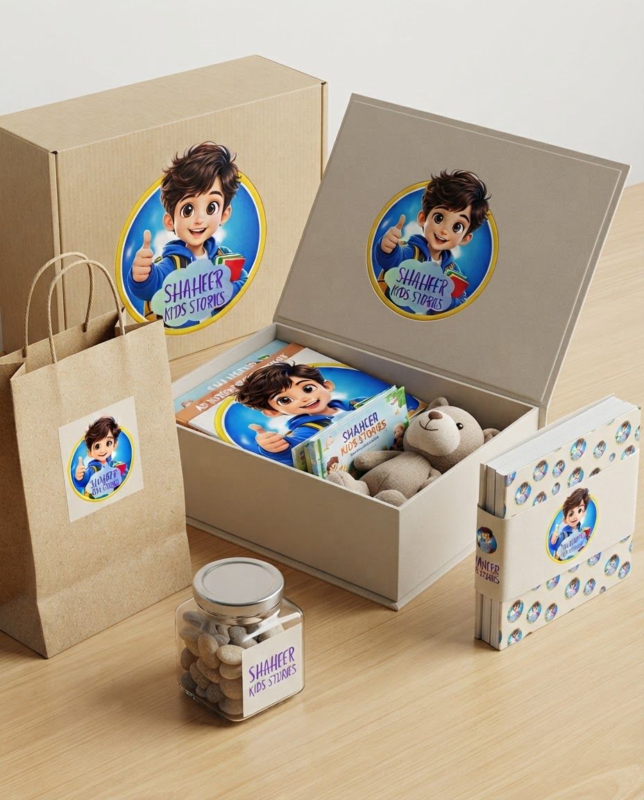 AI Design for Packaging design route for brand. Client-presentation mockup with boxes, bags, labels, wraps, or product containers, realistic print finish, cohesive visual system, no fake readable text.
Incorporate the attached brand element reference image (Reference A: brand element "Shaheer Kids Stories") into the composition where natural — preserve the depicted brand element's appearance.