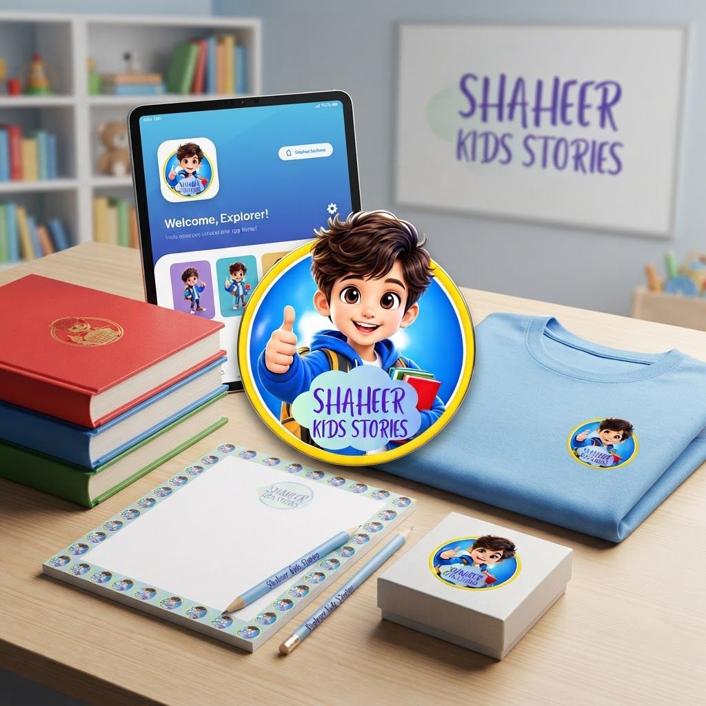 AI Design for Brand application mockup concept for Create a vibrant, high-energy mascot-driven brand identity for a children's storytelling platform featuring a friendly, relatable character in a 3D-rendered, Pixar-inspired style.. Multiple branded touchpoints in one refined composition, such as stationery, packaging, digital screen, signage, or apparel, realistic materials, no invented readable copy.
Incorporate the attached brand element reference image (Reference A: brand element "Shaheer Kids Stories") into the composition where natural — preserve the depicted brand element's appearance.