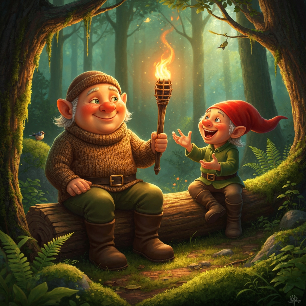 AI Design for Generate me a gnome that wears a brown green outfit sitting on a log in the forest with a torch talking to another gnome