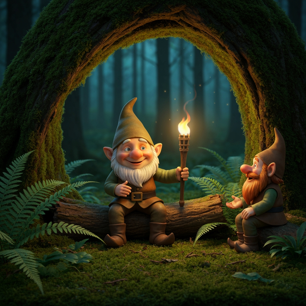 AI Design for Generate me a gnome that wears a brown green outfit sitting on a log in the forest with a torch talking to another gnome