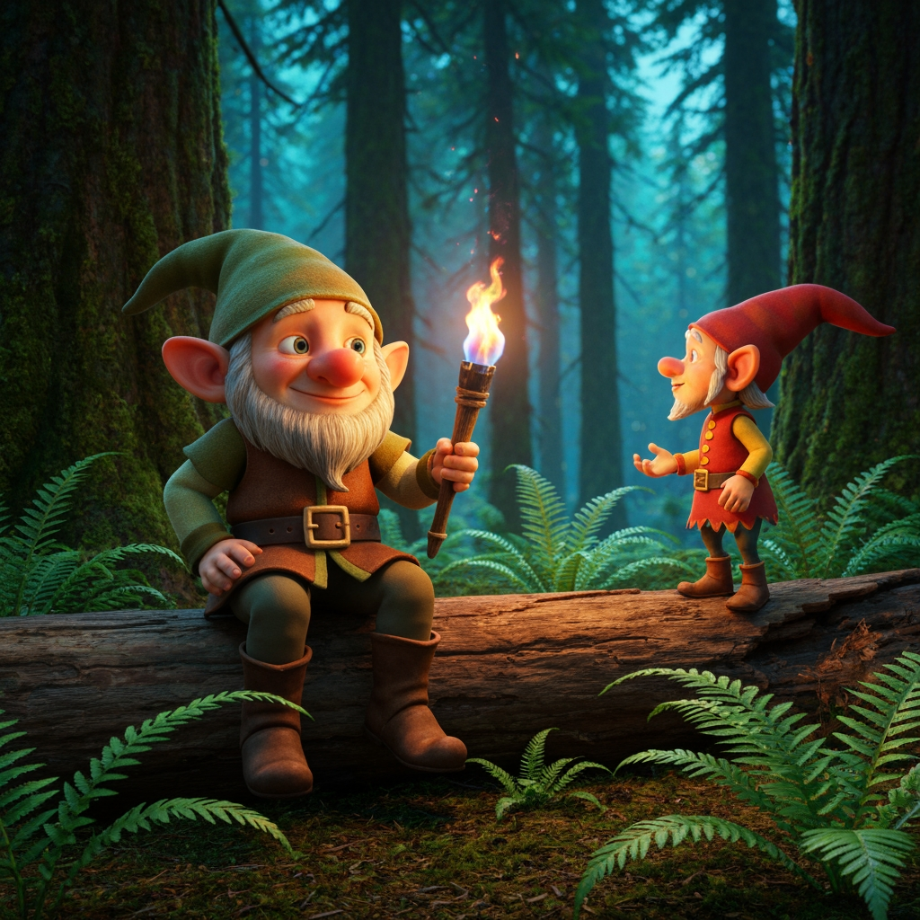 AI Design for Generate me a gnome that wears a brown green outfit sitting on a log in the forest with a torch talking to another gnome