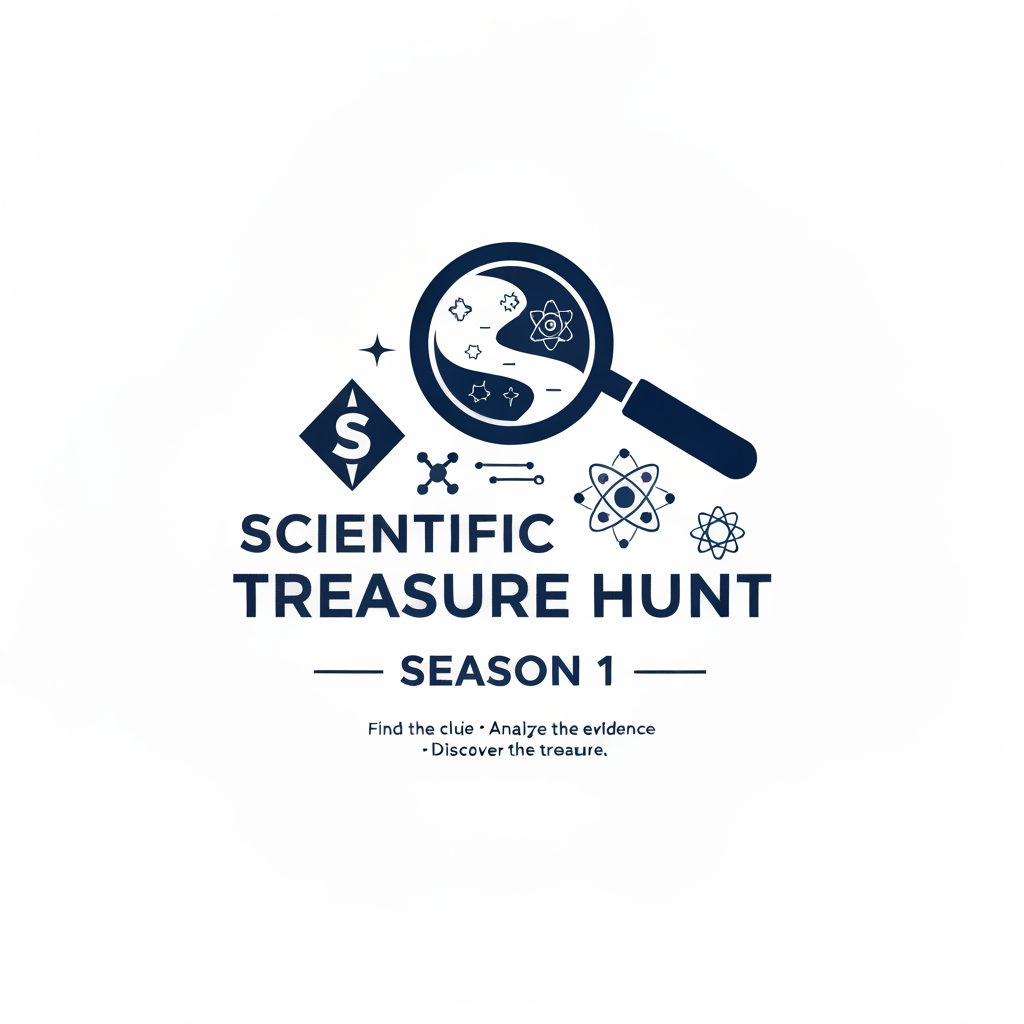 AI Design for # Scientific Treasure Hunt — Season 1 Logo Prompt

Design a premium, professional, intellectually intriguing logo for **“Scientific Treasure Hunt — Season 1”**, an analysis-based scientific competition focused on logical reasoning, investigation, observation, problem-solving, scientific thinking, and discovering hidden clues.

Create a **distinctive emblem-style logo** that combines the visual language of **science, mystery, exploration, and treasure hunting** without looking like a generic AI-generated logo.

### Core Visual Concept

Use a sophisticated combination of:

* A **magnifying glass or scientific lens** representing investigation and analysis
* A subtle **treasure map / hidden pathway** representing the hunt for clues
* Small **scientific symbols, molecular structures, atoms, geometric patterns, or circuit-like lines** integrated naturally into the design
* A subtle **hidden “1” or “S” shape** embedded into the emblem as a clever visual easter egg
* A small abstract **compass / navigation element** suggesting discovery and exploration
* The overall composition should communicate: **“Find the clue → Analyze the evidence → Solve the mystery → Discover the treasure.”**

### Color Palette

Do NOT use red or yellow.

Use a sophisticated scientific palette:

* **Deep Navy Blue** — primary color
* **Electric Cyan / Teal** — scientific highlights
* **Deep Violet / Indigo** — mystery and intellectual depth
* **Cool Silver / Off-White** — contrast and premium finishing

Use the colors in a restrained way with strong contrast. Avoid excessive gradients or overly bright neon effects.

### Typography

Use clean, bold, modern typography.

Main title:
**SCIENTIFIC TREASURE HUNT**

Secondary text:
**SEASON 1**

Typography should feel like a professionally designed science competition identity—sharp, balanced, highly readable, and suitable for posters, certificates, T-shirts, social media, medals, badges, and event banners.

### Design Style

* Professional science competition branding
* Minimal but visually intelligent
* Sophisticated geometric construction
* Strong symmetry and visual balance
* Clean vector-like edges
* Subtle depth, not excessive 3D
* Premium academic/competition identity
* Clever visual symbolism
* Timeless rather than trendy
* Human-designed graphic identity
* No generic stock-logo appearance
* No unnecessary decorative elements

The logo should look as if it was **carefully designed by an experienced professional graphic designer**, with intentional typography, spacing, proportions, symbolism, and visual hierarchy. It must **not look like an AI-generated logo**.

### Composition

Create a strong standalone emblem that works both with and without text.

The primary icon should remain recognizable even when displayed at a small size.

Avoid:

* Red
* Yellow
* Cartoon style
* Mascots
* Overly detailed illustrations
* Generic treasure chest icons
* Excessive glow
* Excessive 3D effects
* Random scientific symbols
* Clip-art appearance
* Generic AI logo aesthetics
* Misspelled or distorted text

Final impression: **mysterious, scientific, analytical, prestigious, adventurous, intelligent, and competition-ready.**

The final logo should immediately suggest **“a scientific investigation where participants must analyze clues to uncover a hidden discovery.”**