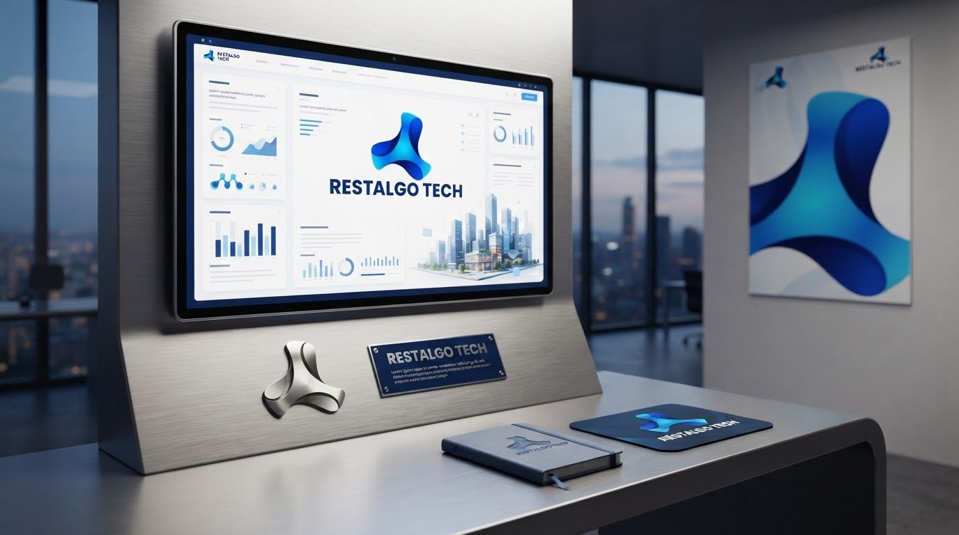 AI Design for Client presentation mockup for  brand. Polished scene showing the design direction applied to a realistic surface, screen, poster, or object, premium agency presentation style, no readable placeholder text.

Incorporate the attached brand element reference image (Reference A: brand element "Restalgo Tech") into the composition where natural — preserve the depicted brand element's appearance.