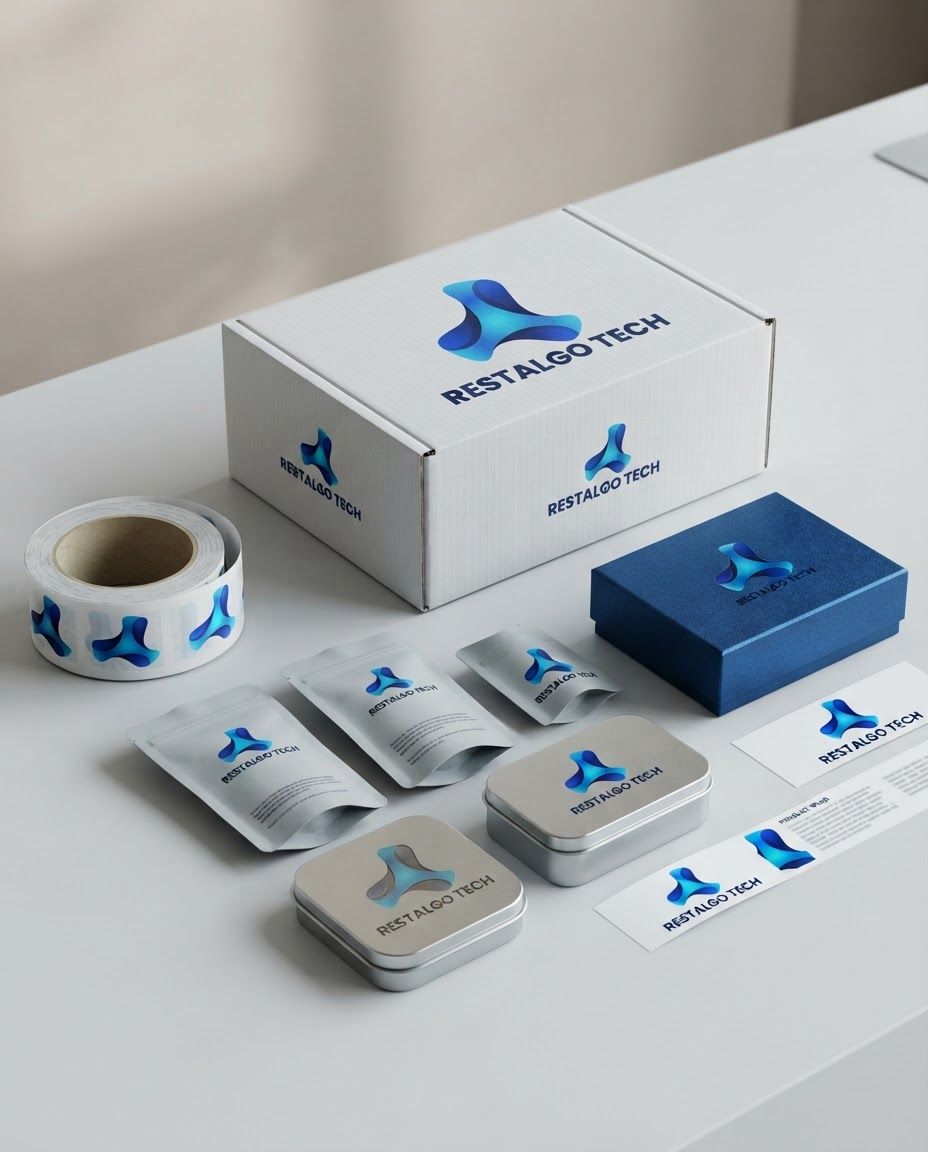 AI Design for Packaging design route for  brand. Client-presentation mockup with boxes, bags, labels, wraps, or product containers, realistic print finish, cohesive visual system, no fake readable text.

Incorporate the attached brand element reference image (Reference A: brand element "Restalgo Tech") into the composition where natural — preserve the depicted brand element's appearance.