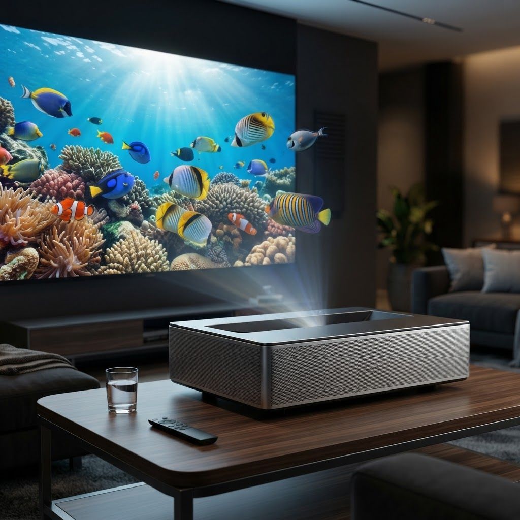 AI Design for High-end studio product photograph of XYZ Raman Projector. A modern, rectangular projector sits on a wooden coffee table in a dimly lit living room, projecting a vibrant, high-definition image of an underwater coral reef onto a large wall screen. The room features dark contemporary furniture, soft ambient lighting, and a neutral color palette. Product centered as the clear hero, clean neutral background, controlled softbox lighting, realistic contact shadow, crisp edges, accurate material texture, no readable text added.