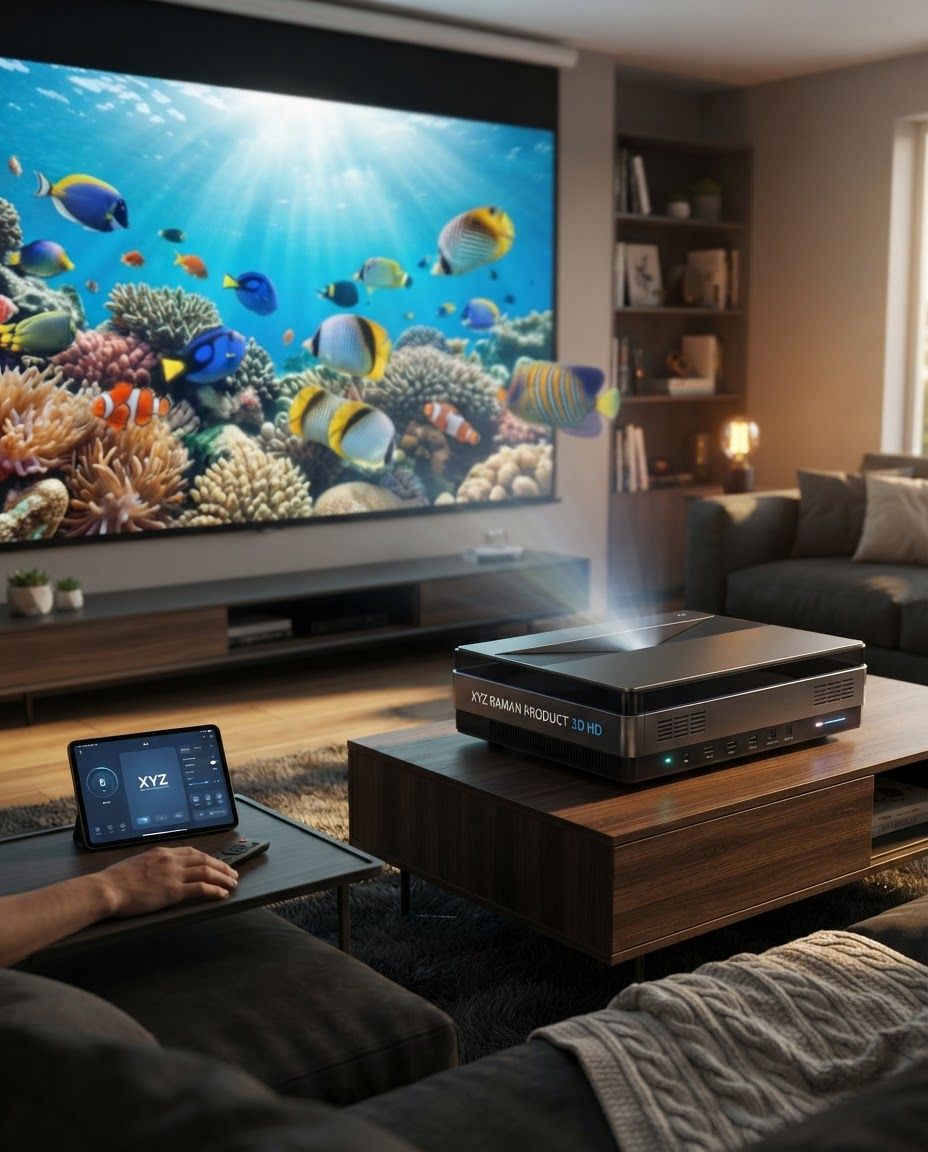AI Design for Lifestyle product photograph of XYZ Raman Projector being naturally used in a believable real-world setting. A modern, rectangular projector sits on a wooden coffee table in a dimly lit living room, projecting a vibrant, high-definition image of an underwater coral reef onto a large wall screen. The room features dark contemporary furniture, soft ambient lighting, and a neutral color palette. Human-scale context, warm natural light, editorial composition, shallow depth of field, product clearly visible and undistorted.