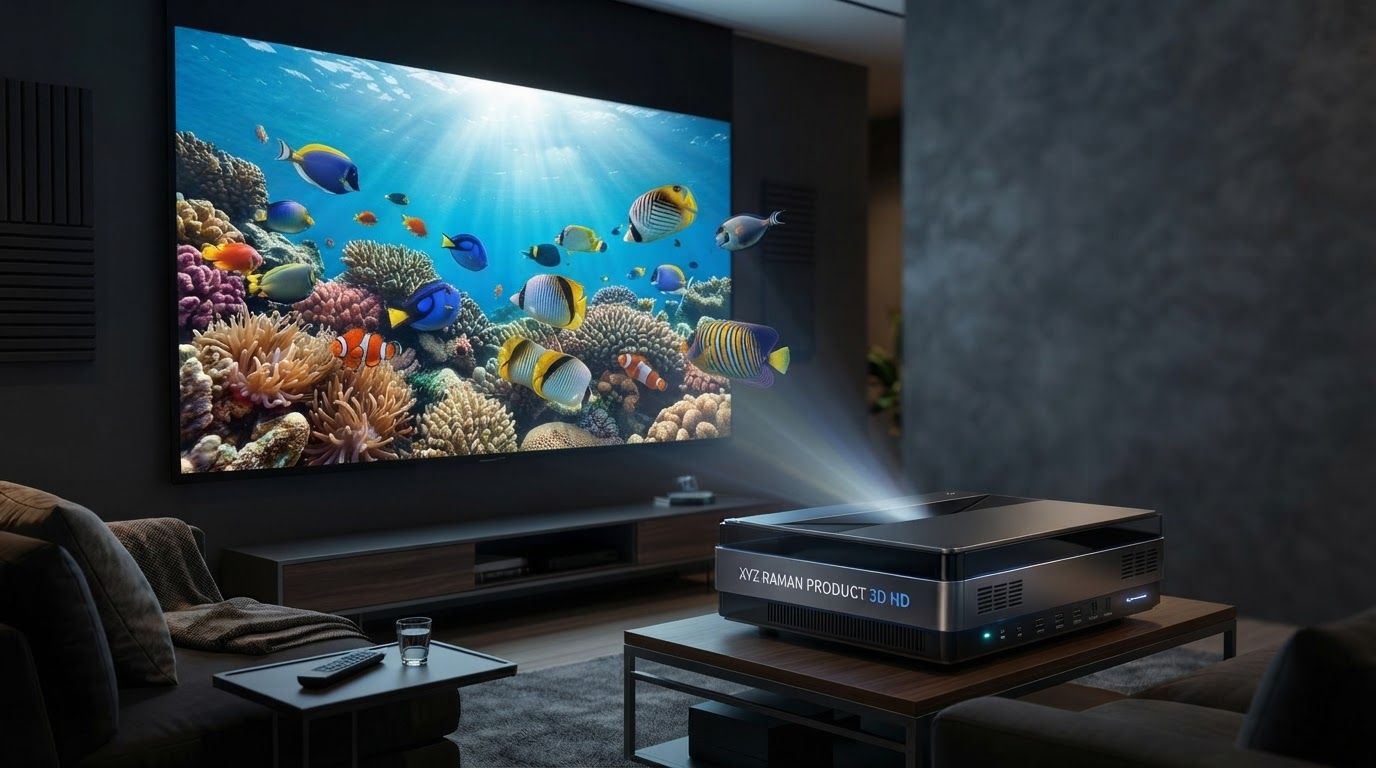 AI Design for Wide campaign hero photograph for XYZ Raman Projector. A modern, rectangular projector sits on a wooden coffee table in a dimly lit living room, projecting a vibrant, high-definition image of an underwater coral reef onto a large wall screen. The room features dark contemporary furniture, soft ambient lighting, and a neutral color palette. Premium advertising composition with the product as focal point, cinematic lighting, clean negative space on one side for copy to be added later, no rendered words or logos beyond the reference product.