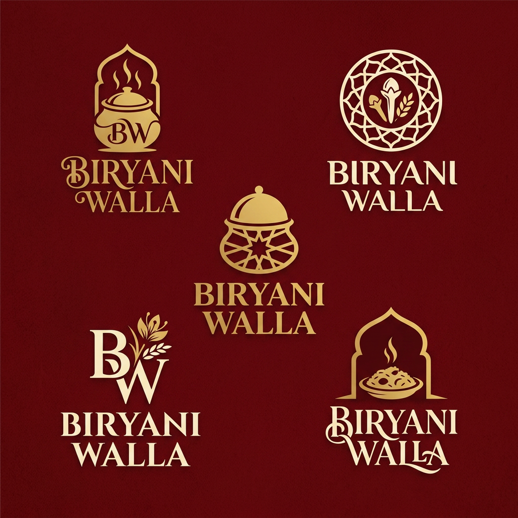 AI Design for CAN U DESIGN ME 4-5 LOGOS WITH GIVEN REFERENCE SOMETHING RECOGNIZABLE, HYDERABADI TOUCH, PREMIUM SIMPLE AND MINIMAL AND DON'T TAKE THE PREVIOUS LOGO INTO THIS AND BY SEEING LOGO IT HAS TO TELL ABOUT THE BRAND NAME BIRYANI WALLA