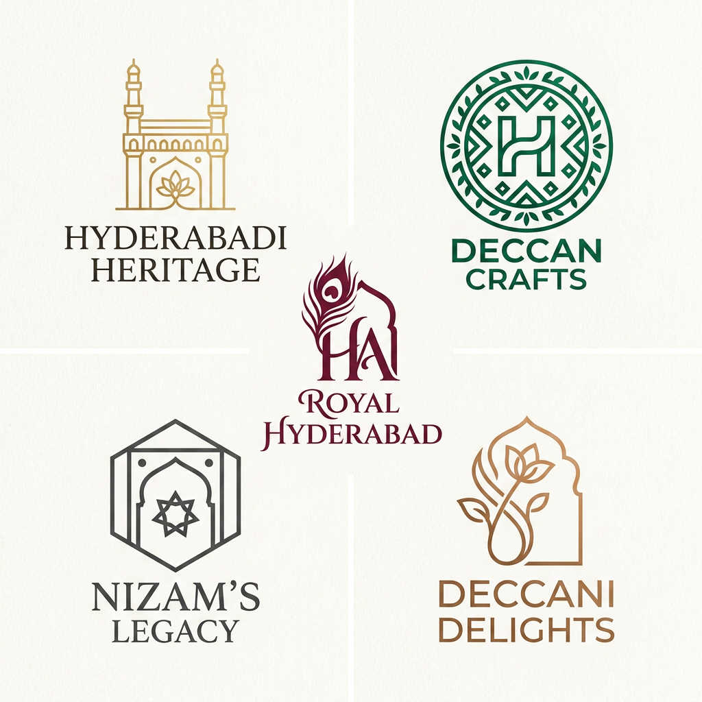 AI Design for CAN U DESIGN ME 4-5 LOGOS WITH GIVEN REFERENCE SOMETHING RECOGNIZABLE, HYDERABADI TOUCH, PREMIUM SIMPLE AND MINIMAL AND DON'T TAKE THE PREVIOUS LOGO INTO THIS AND BY SEEING LOGO IT HAS TO TELL ABOUT THE BRAND