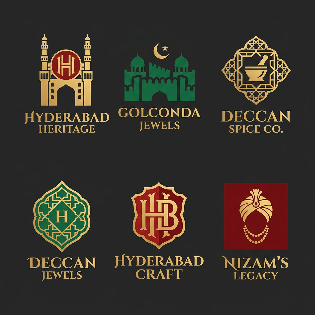 AI Design for CAN U DESIGN ME 4-5 LOGOS WITH GIVEN REFERENCE SOMETHING RECOGNIZABLE, HYDERABADI TOUCH, PREMIUM SIMPLE AND MINIMAL AND DON'T TAKE THE PREVIOUS LOGO INTO THIS AND BY SEEING LOGO IT HAS TO TELL ABOUT THE BRAND