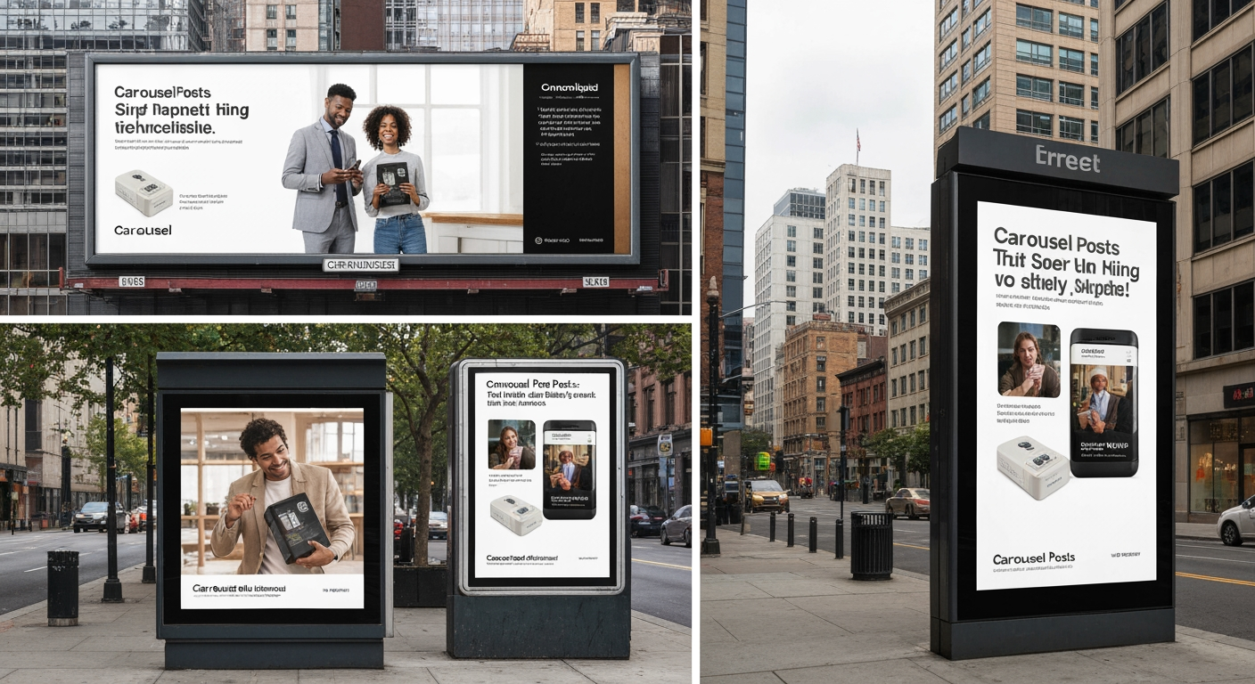AI Design for Out-of-home campaign mockup concept for Carousel posts for a product launch. Billboard, transit poster, or street display in a realistic environment, strong campaign imagery, believable scale and lighting, no readable fake ad copy.