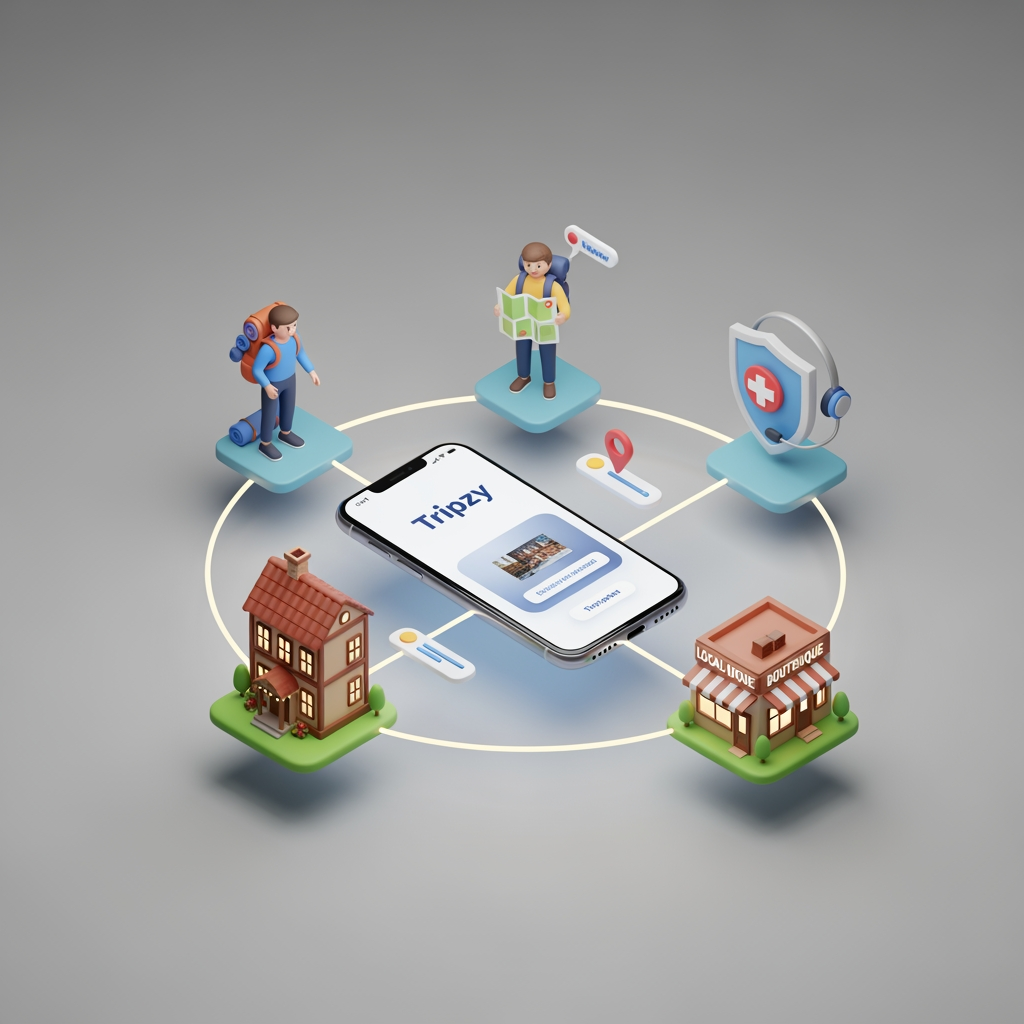 AI Design for A clean, modern 3D isometric render set against a solid plain minimal background. In the center floats a glowing smartphone displaying the travel app interface with the brand name 'Tripzy'. Surrounding the phone in a circle are stylized 3D miniature elements, all linked to the central phone via glowing 3D path lines and data nodes: a traveler with a backpack, a local guide holding a map, a charming boutique hotel building, a small local boutique shop, and an emergency support shield with a medical cross and headset. The word "Tripzy" is clearly visible on the phone screen. Smooth claymorphism aesthetic, vibrant colors, soft studio lighting, clean shadows, 8k resolution, minimalist presentation.