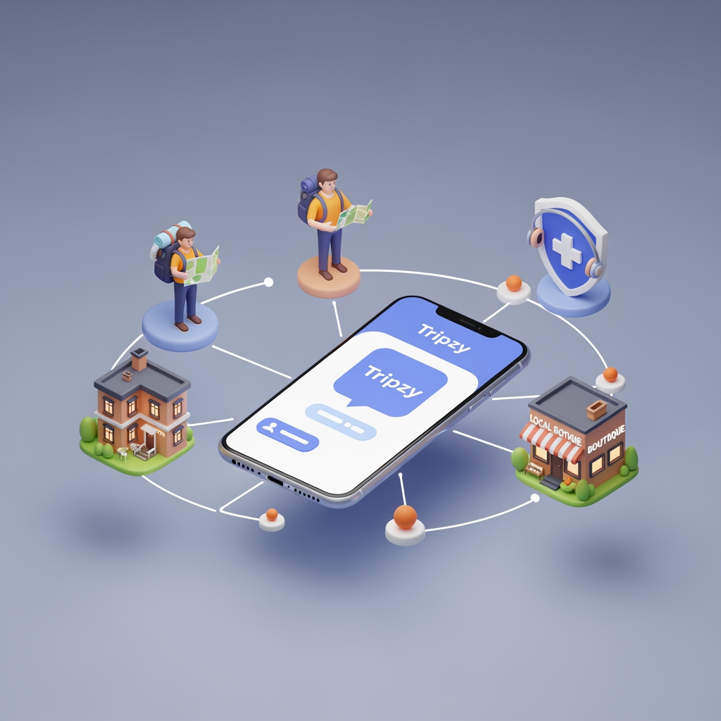AI Design for A clean, modern 3D isometric render set against a solid plain minimal background. In the center floats a glowing smartphone displaying the travel app interface with the brand name 'Tripzy'. Surrounding the phone in a circle are stylized 3D miniature elements, all linked to the central phone via glowing 3D path lines and data nodes: a traveler with a backpack, a local guide holding a map, a charming boutique hotel building, a small local boutique shop, and an emergency support shield with a medical cross and headset. Smooth claymorphism aesthetic, vibrant colors, soft studio lighting, clean shadows, 8k resolution, minimalist presentation.