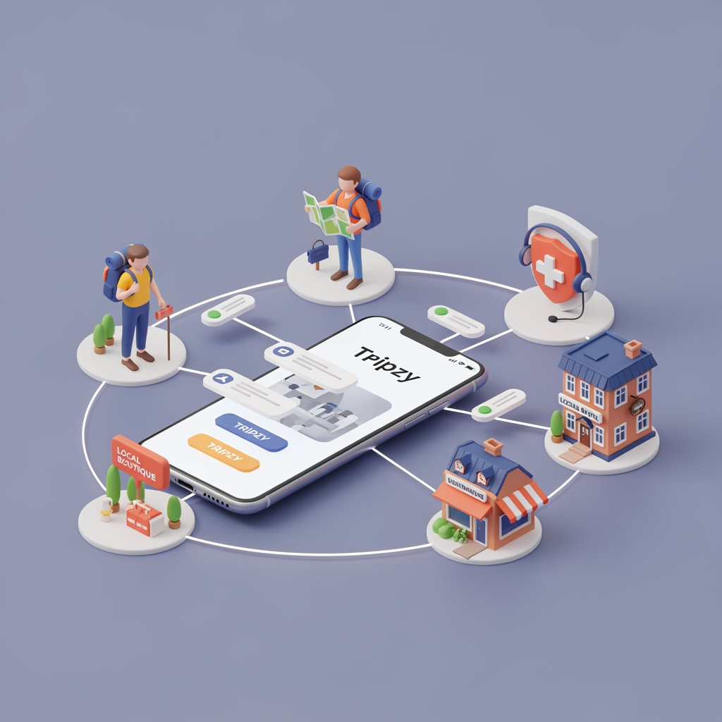 AI Design for A clean, modern 3D isometric render set against a solid plain minimal background. In the center floats a glowing smartphone displaying the travel app interface with the brand name 'Tripzy'. Surrounding the phone in a circle are stylized 3D miniature elements, all linked to the central phone via glowing 3D path lines and data nodes: a traveler with a backpack, a local guide holding a map, a charming boutique hotel building, a small local boutique shop, and an emergency support shield with a medical cross and headset. The word "Tripzy" is clearly visible on the phone screen. Smooth claymorphism aesthetic, vibrant colors, soft studio lighting, clean shadows, 8k resolution, minimalist presentation.