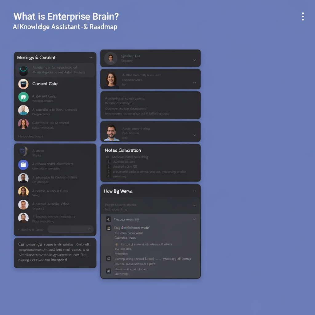 AI Design for Enterprise Brain
AI Knowledge Assistant — Feature Overview & Roadmap
What is Enterprise Brain?
Enterprise Brain is a self-hosted AI knowledge assistant that automatically captures meetings, understands 
documents, and answers questions across all of it — grounded strictly in your own organization's data, never 
guessed or invented.
It combines meeting recording and transcription, document understanding, a connected knowledge graph, and a 
conversational chat interface into one unified system. Everything runs on infrastructure the organization controls, 
using open-source AI models rather than sending data to external cloud AI providers.
The core principle behind every feature: answers must always be traceable back to a real source — a specific 
meeting, a specific document, a specific fact — with nothing ever fabricated.
How It Works — The Big Picture
A user's meeting is joined by a bot (with explicit consent), which transcribes the conversation, generates a summary 
with decisions and action items, and automatically emails that summary to attendees. Separately, users can upload 
documents, audio, and video into the same system. All of this — meetings and documents together — becomes 
searchable in one Chat interface, and the structured facts (people, decisions, projects) automatically populate a 
Knowledge Graph that can be browsed or queried directly.
Feature-by-Feature Summary
1. Meetings & Consent
A bot joins scheduled or ad-hoc meetings (Google Meet and Microsoft Teams) to record and transcribe the 
conversation.
• Consent Gate: recording only happens if the meeting organizer explicitly allows it — the system is failclosed, meaning if consent cannot be confirmed, nothing is recorded, by design.
• Attendees are shown when calendar data provides it; this depends on the calendar connection method and 
platform, and is an area of active improvement (see Upcoming).
2. Notes Generation
Once a meeting ends, a summary is generated automatically — no manual step required.
• Produces a clear summary, key decisions made, and action items with owners where identifiable.
• Generated using a locally-hosted AI model (Ollama) — meeting content never leaves the organization's 
own infrastructure.
3. Speaker Diarization
Transcripts attribute what was said to the actual speaker's name, not a generic label.
• Works by reading speaker identity directly from the meeting platform's own interface, with a redundant 
backup signal (live captions) for durability against platform updates.
4. Email Sync
Meeting summaries are automatically emailed to all attendees once notes are generated.
• Sent from a dedicated organizational mailbox via SMTP, independent of any individual's personal account.
• If a send fails, the system retries automatically and displays a clear status with a manual retry option; 
failures are also flagged directly to the system administrator.
5. Sources (Knowledge Base)
A central place to upload and manage all content the assistant can learn from.
• Supported today: PDF, Word, PowerPoint, and Excel documents; audio files; video files (audio 
automatically extracted and transcribed).
• Drag-and-drop upload, with automatic duplicate detection (an identical file won't be silently re-processed 
— the user is asked whether to replace or keep the existing copy).
• Clicking any source opens it directly in a new browser tab rather than downloading it to the user's device.
• Documents generated by the chat assistant are automatically saved here too, clearly marked as "Generated" 
versus "Uploaded."
6. Chat
A single, unified conversational interface for asking questions across every meeting and document at once.
• Every answer is grounded strictly in real, retrieved content — if nothing relevant exists, the assistant says 
so rather than guessing.
• When a question could match multiple meetings or documents, the assistant asks the user to choose, rather 
than merging or guessing between them.
• Persistent, ChatGPT-style conversation history — users can start new conversations or revisit previous 
ones.
• Can generate a downloadable document (e.g. a summary write-up) directly from a conversation, drafted 
only from real retrieved content.
7. Knowledge Graph
A structured, browsable map of the organization's meetings, people, projects, decisions, and action items — separate
from, but connected to, the Knowledge Base.
• Automatically grows from every completed meeting's notes, with zero manual data entry.
• Also extracts standalone facts from uploaded documents (e.g. a budget figure or a deadline mentioned in a 
contract) that don't fit neatly into a meeting's structure — these are matched to existing people or projects 
automatically when confidence is high, held in a Review Queue for a human decision when confidence is medium, 
and left safely unlinked (but still searchable) when confidence is low.
• Designed to scale — built with search and pagination throughout, so it stays usable whether an organization
has a handful of meetings or thousands.
8. Authentication
User identity and access is currently handled by the platform's existing sign-in system; a dedicated internal 
authentication service has also been built and is available for future service-to-service or standalone use cases.
Upcoming Features
The following are planned or in active development, not yet available to end users:
• Image upload — extracting understanding from uploaded images (e.g. scanned documents, diagrams).
• Git repository and database connectors — treating code repositories and structured databases as additional, 
queryable knowledge sources.
• Web search as a source — optionally allowing the assistant to incorporate live web content into its answers,
clearly distinguished from internal organizational data.
• Project-scoped chat — letting users narrow a conversation to a specific project, so answers are pulled only 
from that project's meetings and documents.
A Note on Reliability
Enterprise Brain is designed around one non-negotiable principle: it should never present a guess as a fact. Every 
feature above — Chat, the Knowledge Graph, document generation — is built to either answer from real, verifiable 
data, or to say clearly that it doesn't know, rather than fabricate a confident-sounding but incorrect answer generate a logo from the description