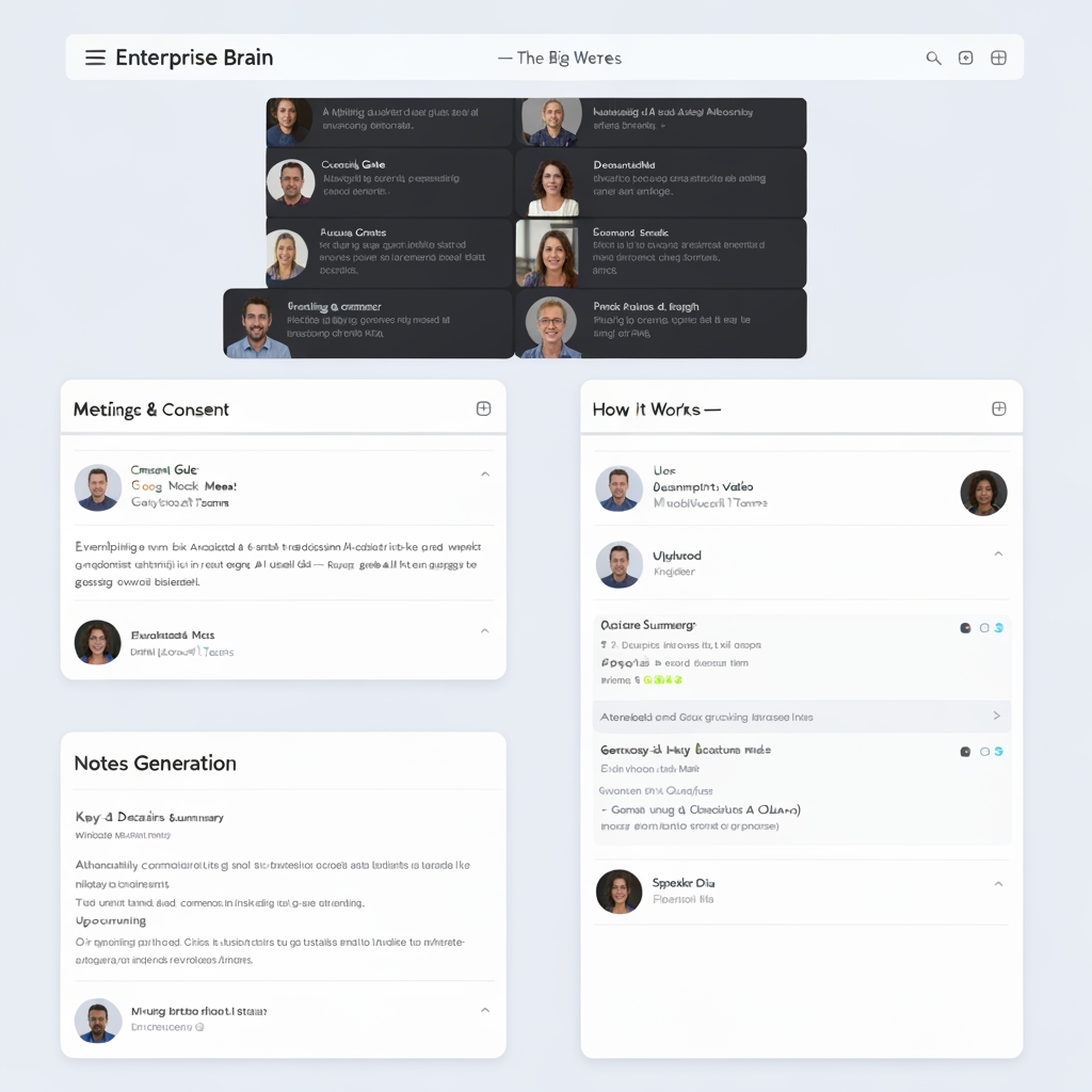 AI Design for Enterprise Brain
AI Knowledge Assistant — Feature Overview & Roadmap
What is Enterprise Brain?
Enterprise Brain is a self-hosted AI knowledge assistant that automatically captures meetings, understands 
documents, and answers questions across all of it — grounded strictly in your own organization's data, never 
guessed or invented.
It combines meeting recording and transcription, document understanding, a connected knowledge graph, and a 
conversational chat interface into one unified system. Everything runs on infrastructure the organization controls, 
using open-source AI models rather than sending data to external cloud AI providers.
The core principle behind every feature: answers must always be traceable back to a real source — a specific 
meeting, a specific document, a specific fact — with nothing ever fabricated.
How It Works — The Big Picture
A user's meeting is joined by a bot (with explicit consent), which transcribes the conversation, generates a summary 
with decisions and action items, and automatically emails that summary to attendees. Separately, users can upload 
documents, audio, and video into the same system. All of this — meetings and documents together — becomes 
searchable in one Chat interface, and the structured facts (people, decisions, projects) automatically populate a 
Knowledge Graph that can be browsed or queried directly.
Feature-by-Feature Summary
1. Meetings & Consent
A bot joins scheduled or ad-hoc meetings (Google Meet and Microsoft Teams) to record and transcribe the 
conversation.
• Consent Gate: recording only happens if the meeting organizer explicitly allows it — the system is failclosed, meaning if consent cannot be confirmed, nothing is recorded, by design.
• Attendees are shown when calendar data provides it; this depends on the calendar connection method and 
platform, and is an area of active improvement (see Upcoming).
2. Notes Generation
Once a meeting ends, a summary is generated automatically — no manual step required.
• Produces a clear summary, key decisions made, and action items with owners where identifiable.
• Generated using a locally-hosted AI model (Ollama) — meeting content never leaves the organization's 
own infrastructure.
3. Speaker Diarization
Transcripts attribute what was said to the actual speaker's name, not a generic label.
• Works by reading speaker identity directly from the meeting platform's own interface, with a redundant 
backup signal (live captions) for durability against platform updates.
4. Email Sync
Meeting summaries are automatically emailed to all attendees once notes are generated.
• Sent from a dedicated organizational mailbox via SMTP, independent of any individual's personal account.
• If a send fails, the system retries automatically and displays a clear status with a manual retry option; 
failures are also flagged directly to the system administrator.
5. Sources (Knowledge Base)
A central place to upload and manage all content the assistant can learn from.
• Supported today: PDF, Word, PowerPoint, and Excel documents; audio files; video files (audio 
automatically extracted and transcribed).
• Drag-and-drop upload, with automatic duplicate detection (an identical file won't be silently re-processed 
— the user is asked whether to replace or keep the existing copy).
• Clicking any source opens it directly in a new browser tab rather than downloading it to the user's device.
• Documents generated by the chat assistant are automatically saved here too, clearly marked as "Generated" 
versus "Uploaded."
6. Chat
A single, unified conversational interface for asking questions across every meeting and document at once.
• Every answer is grounded strictly in real, retrieved content — if nothing relevant exists, the assistant says 
so rather than guessing.
• When a question could match multiple meetings or documents, the assistant asks the user to choose, rather 
than merging or guessing between them.
• Persistent, ChatGPT-style conversation history — users can start new conversations or revisit previous 
ones.
• Can generate a downloadable document (e.g. a summary write-up) directly from a conversation, drafted 
only from real retrieved content.
7. Knowledge Graph
A structured, browsable map of the organization's meetings, people, projects, decisions, and action items — separate
from, but connected to, the Knowledge Base.
• Automatically grows from every completed meeting's notes, with zero manual data entry.
• Also extracts standalone facts from uploaded documents (e.g. a budget figure or a deadline mentioned in a 
contract) that don't fit neatly into a meeting's structure — these are matched to existing people or projects 
automatically when confidence is high, held in a Review Queue for a human decision when confidence is medium, 
and left safely unlinked (but still searchable) when confidence is low.
• Designed to scale — built with search and pagination throughout, so it stays usable whether an organization
has a handful of meetings or thousands.
8. Authentication
User identity and access is currently handled by the platform's existing sign-in system; a dedicated internal 
authentication service has also been built and is available for future service-to-service or standalone use cases.
Upcoming Features
The following are planned or in active development, not yet available to end users:
• Image upload — extracting understanding from uploaded images (e.g. scanned documents, diagrams).
• Git repository and database connectors — treating code repositories and structured databases as additional, 
queryable knowledge sources.
• Web search as a source — optionally allowing the assistant to incorporate live web content into its answers,
clearly distinguished from internal organizational data.
• Project-scoped chat — letting users narrow a conversation to a specific project, so answers are pulled only 
from that project's meetings and documents.
A Note on Reliability
Enterprise Brain is designed around one non-negotiable principle: it should never present a guess as a fact. Every 
feature above — Chat, the Knowledge Graph, document generation — is built to either answer from real, verifiable 
data, or to say clearly that it doesn't know, rather than fabricate a confident-sounding but incorrect answer generate a logo from the description