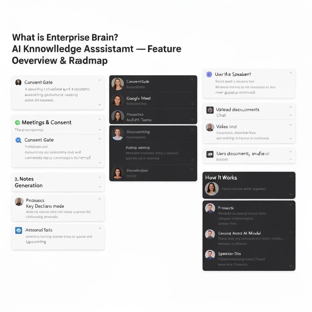 AI Design for Enterprise Brain
AI Knowledge Assistant — Feature Overview & Roadmap
What is Enterprise Brain?
Enterprise Brain is a self-hosted AI knowledge assistant that automatically captures meetings, understands 
documents, and answers questions across all of it — grounded strictly in your own organization's data, never 
guessed or invented.
It combines meeting recording and transcription, document understanding, a connected knowledge graph, and a 
conversational chat interface into one unified system. Everything runs on infrastructure the organization controls, 
using open-source AI models rather than sending data to external cloud AI providers.
The core principle behind every feature: answers must always be traceable back to a real source — a specific 
meeting, a specific document, a specific fact — with nothing ever fabricated.
How It Works — The Big Picture
A user's meeting is joined by a bot (with explicit consent), which transcribes the conversation, generates a summary 
with decisions and action items, and automatically emails that summary to attendees. Separately, users can upload 
documents, audio, and video into the same system. All of this — meetings and documents together — becomes 
searchable in one Chat interface, and the structured facts (people, decisions, projects) automatically populate a 
Knowledge Graph that can be browsed or queried directly.
Feature-by-Feature Summary
1. Meetings & Consent
A bot joins scheduled or ad-hoc meetings (Google Meet and Microsoft Teams) to record and transcribe the 
conversation.
• Consent Gate: recording only happens if the meeting organizer explicitly allows it — the system is failclosed, meaning if consent cannot be confirmed, nothing is recorded, by design.
• Attendees are shown when calendar data provides it; this depends on the calendar connection method and 
platform, and is an area of active improvement (see Upcoming).
2. Notes Generation
Once a meeting ends, a summary is generated automatically — no manual step required.
• Produces a clear summary, key decisions made, and action items with owners where identifiable.
• Generated using a locally-hosted AI model (Ollama) — meeting content never leaves the organization's 
own infrastructure.
3. Speaker Diarization
Transcripts attribute what was said to the actual speaker's name, not a generic label.
• Works by reading speaker identity directly from the meeting platform's own interface, with a redundant 
backup signal (live captions) for durability against platform updates.
4. Email Sync
Meeting summaries are automatically emailed to all attendees once notes are generated.
• Sent from a dedicated organizational mailbox via SMTP, independent of any individual's personal account.
• If a send fails, the system retries automatically and displays a clear status with a manual retry option; 
failures are also flagged directly to the system administrator.
5. Sources (Knowledge Base)
A central place to upload and manage all content the assistant can learn from.
• Supported today: PDF, Word, PowerPoint, and Excel documents; audio files; video files (audio 
automatically extracted and transcribed).
• Drag-and-drop upload, with automatic duplicate detection (an identical file won't be silently re-processed 
— the user is asked whether to replace or keep the existing copy).
• Clicking any source opens it directly in a new browser tab rather than downloading it to the user's device.
• Documents generated by the chat assistant are automatically saved here too, clearly marked as "Generated" 
versus "Uploaded."
6. Chat
A single, unified conversational interface for asking questions across every meeting and document at once.
• Every answer is grounded strictly in real, retrieved content — if nothing relevant exists, the assistant says 
so rather than guessing.
• When a question could match multiple meetings or documents, the assistant asks the user to choose, rather 
than merging or guessing between them.
• Persistent, ChatGPT-style conversation history — users can start new conversations or revisit previous 
ones.
• Can generate a downloadable document (e.g. a summary write-up) directly from a conversation, drafted 
only from real retrieved content.
7. Knowledge Graph
A structured, browsable map of the organization's meetings, people, projects, decisions, and action items — separate
from, but connected to, the Knowledge Base.
• Automatically grows from every completed meeting's notes, with zero manual data entry.
• Also extracts standalone facts from uploaded documents (e.g. a budget figure or a deadline mentioned in a 
contract) that don't fit neatly into a meeting's structure — these are matched to existing people or projects 
automatically when confidence is high, held in a Review Queue for a human decision when confidence is medium, 
and left safely unlinked (but still searchable) when confidence is low.
• Designed to scale — built with search and pagination throughout, so it stays usable whether an organization
has a handful of meetings or thousands.
8. Authentication
User identity and access is currently handled by the platform's existing sign-in system; a dedicated internal 
authentication service has also been built and is available for future service-to-service or standalone use cases.
Upcoming Features
The following are planned or in active development, not yet available to end users:
• Image upload — extracting understanding from uploaded images (e.g. scanned documents, diagrams).
• Git repository and database connectors — treating code repositories and structured databases as additional, 
queryable knowledge sources.
• Web search as a source — optionally allowing the assistant to incorporate live web content into its answers,
clearly distinguished from internal organizational data.
• Project-scoped chat — letting users narrow a conversation to a specific project, so answers are pulled only 
from that project's meetings and documents.
A Note on Reliability
Enterprise Brain is designed around one non-negotiable principle: it should never present a guess as a fact. Every 
feature above — Chat, the Knowledge Graph, document generation — is built to either answer from real, verifiable 
data, or to say clearly that it doesn't know, rather than fabricate a confident-sounding but incorrect answer generate a logo from the description