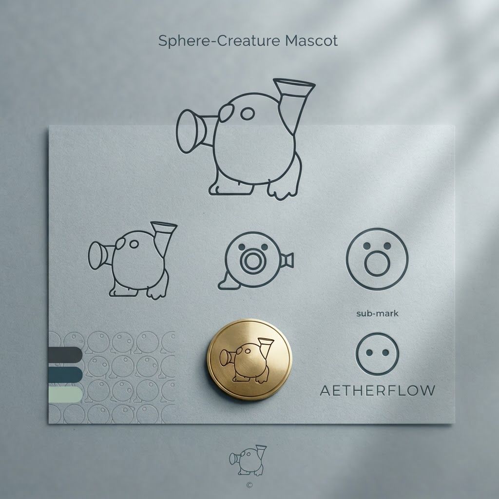 AI Design for Premium logo presentation mockup concept for Create a refined, minimalist icon set featuring this spherical character in various poses, focusing on scalable line work and balanced proportions for digital interface use.. Logo or brand mark displayed on a clean neutral surface with subtle depth, refined shadow, precise alignment, elegant design-studio presentation, no extra readable text.

Incorporate the attached brand element reference image (Reference A: brand element "Sphere-Creature Mascot") into the composition where natural — preserve the depicted brand element's appearance.