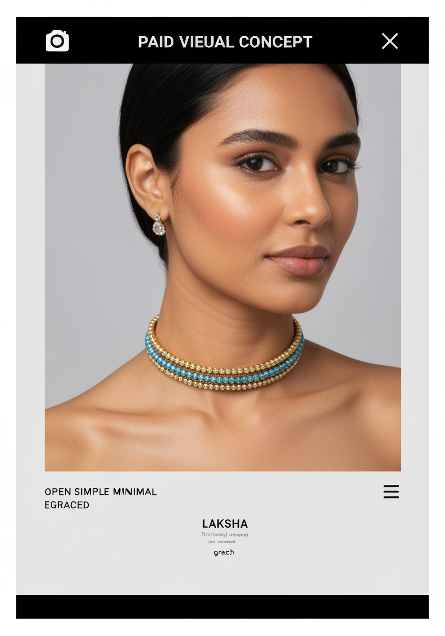 AI Design for Paid ad visual concept for i wan a logo for my brand Laksha it is initially a ecommerece brand which can sell anything but we are thinking to start with bangle but bangle are not our primary or main so just  create a logo for the brand name , like simple minimal elegant graced. Performance-focused portrait composition, clear product or benefit cue, bold contrast, uncluttered background, open area for offer copy to be added later, no readable text.