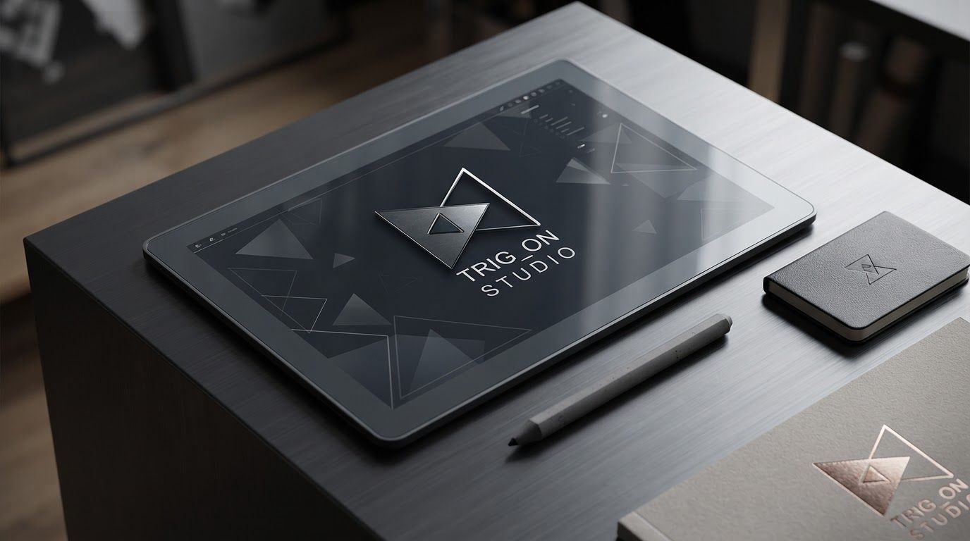 AI Design for Client presentation mockup for  brand. Polished scene showing the design direction applied to a realistic surface, screen, poster, or object, premium agency presentation style, no readable placeholder text.

Incorporate the attached brand element reference image (Reference A: brand element "Trig_On Studio") into the composition where natural — preserve the depicted brand element's appearance.