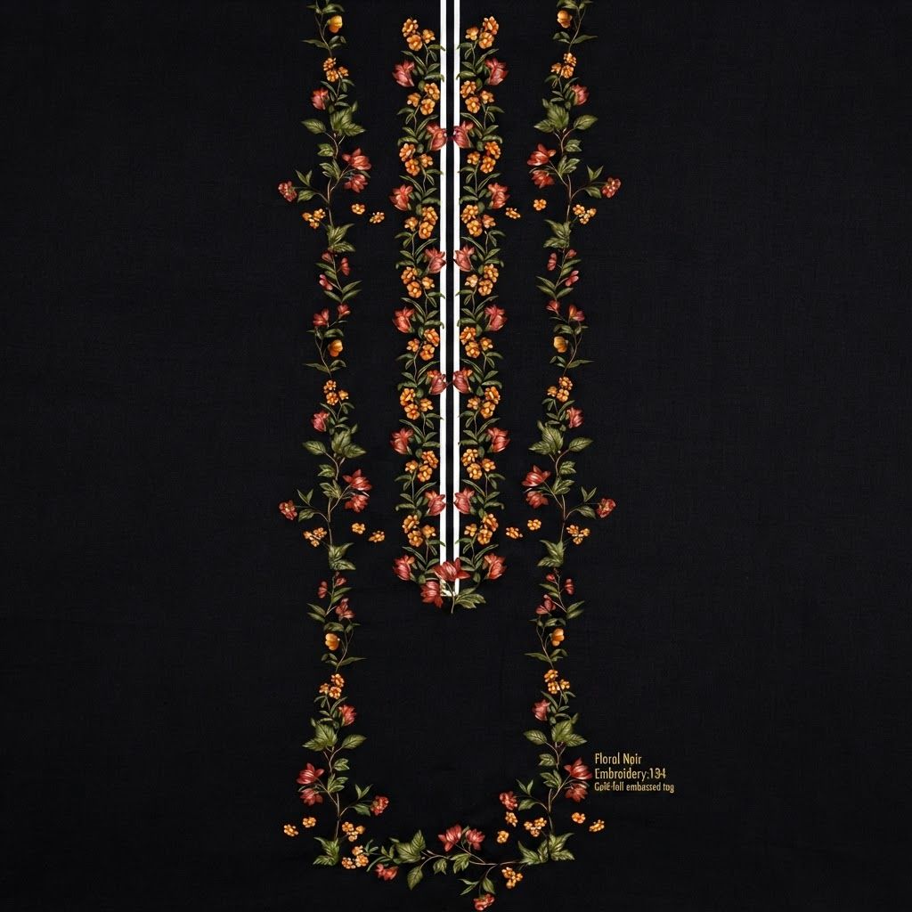 AI Design for @product[Floral Noir Embroidery:134] ye image ko qulity jyada kar ke do

The attached image is a product reference photo. Use it to ensure accurate product representation, including colors, shapes, logos, and details. Maintain product fidelity while adapting to the creative context.

Product-specific instructions: The image displays a vertical digital textile design on a solid black background featuring symmetrical floral vine patterns in shades of orange, red, and deep green. Two parallel white vertical lines run down the center, flanked by botanical motifs.