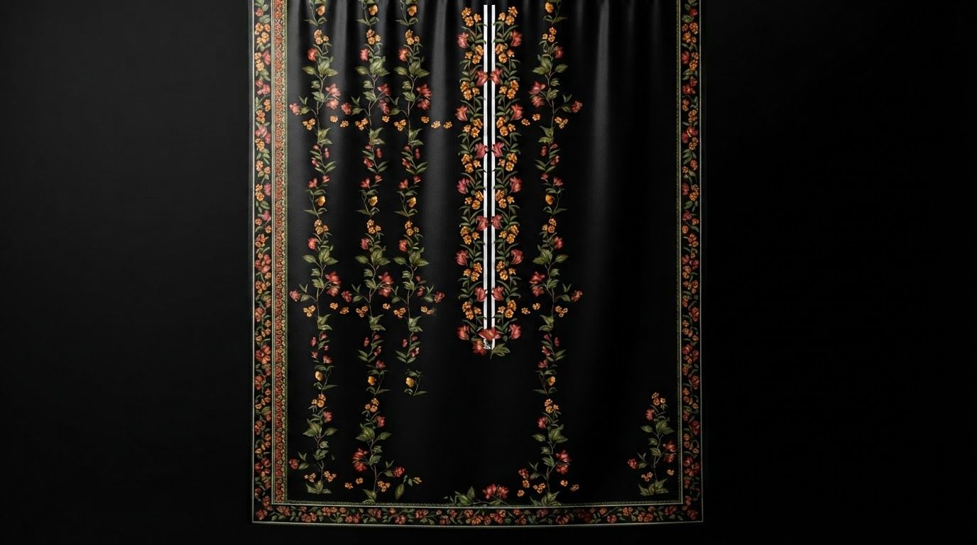 AI Design for Wide campaign hero photograph for Floral Noir Embroidery. The image displays a vertical digital textile design on a solid black background featuring symmetrical floral vine patterns in shades of orange, red, and deep green. Two parallel white vertical lines run down the center, flanked by botanical motifs. Premium advertising composition with the product as focal point, cinematic lighting, clean negative space on one side for copy to be added later, no rendered words or logos beyond the reference product.