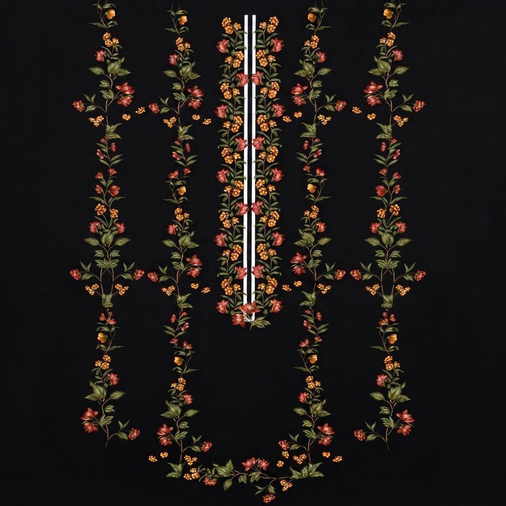 AI Design for High-end studio product photograph of Floral Noir Embroidery. The image displays a vertical digital textile design on a solid black background featuring symmetrical floral vine patterns in shades of orange, red, and deep green. Two parallel white vertical lines run down the center, flanked by botanical motifs. Product centered as the clear hero, clean neutral background, controlled softbox lighting, realistic contact shadow, crisp edges, accurate material texture, no readable text added.