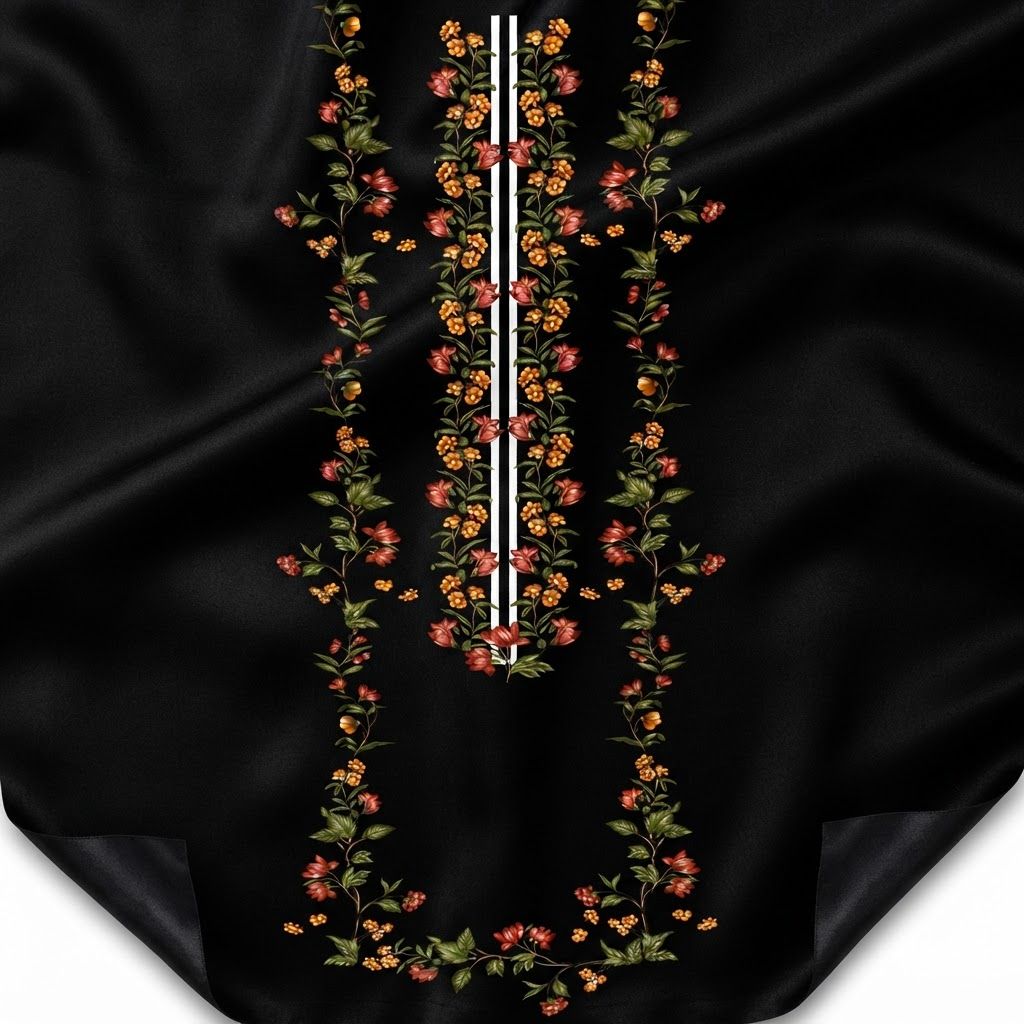 AI Design for @product[Floral Noir Embroidery:134] ye image ko qulity jyada kar ke do

The attached image is a product reference photo. Use it to ensure accurate product representation, including colors, shapes, logos, and details. Maintain product fidelity while adapting to the creative context.

Product-specific instructions: The image displays a vertical digital textile design on a solid black background featuring symmetrical floral vine patterns in shades of orange, red, and deep green. Two parallel white vertical lines run down the center, flanked by botanical motifs.