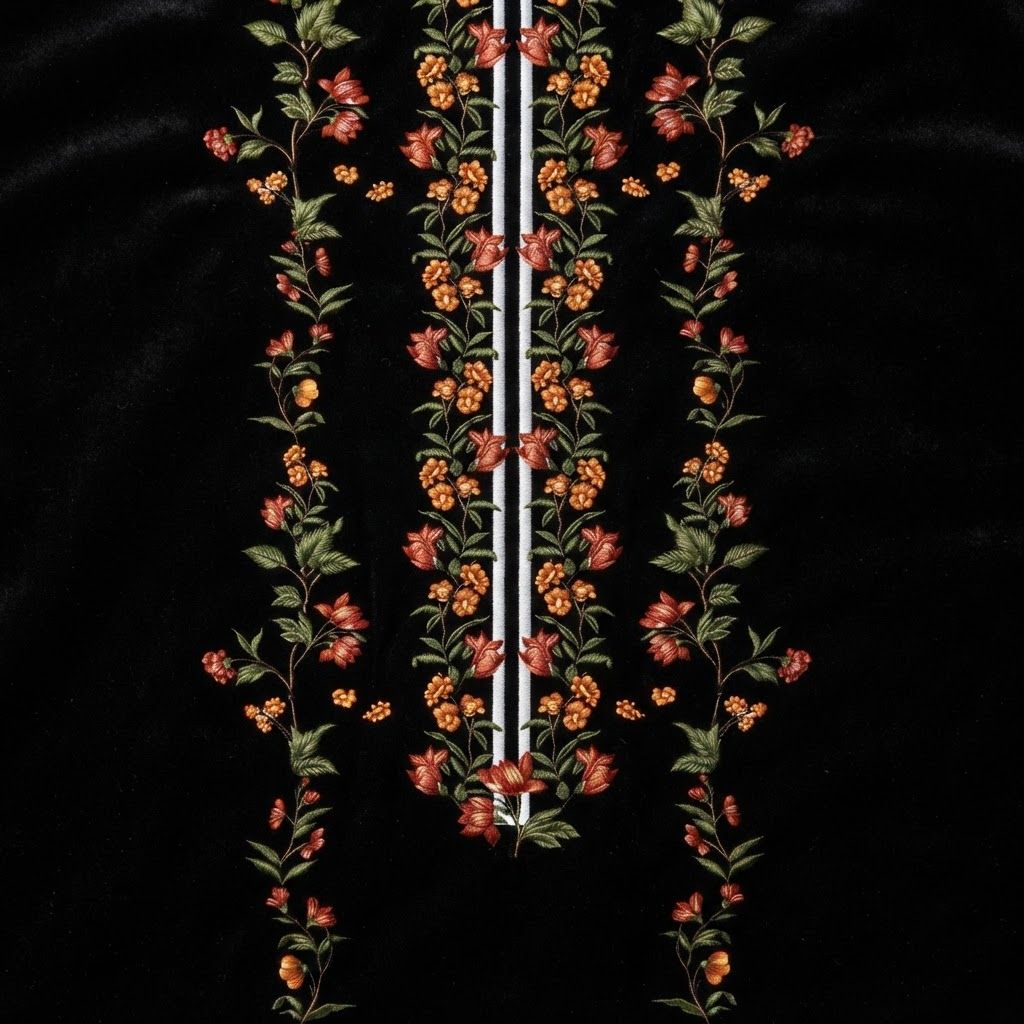 AI Design for @product[Floral Noir Embroidery:134] ye image ko qulity jyada kar ke do

The attached image is a product reference photo. Use it to ensure accurate product representation, including colors, shapes, logos, and details. Maintain product fidelity while adapting to the creative context.

Product-specific instructions: The image displays a vertical digital textile design on a solid black background featuring symmetrical floral vine patterns in shades of orange, red, and deep green. Two parallel white vertical lines run down the center, flanked by botanical motifs.