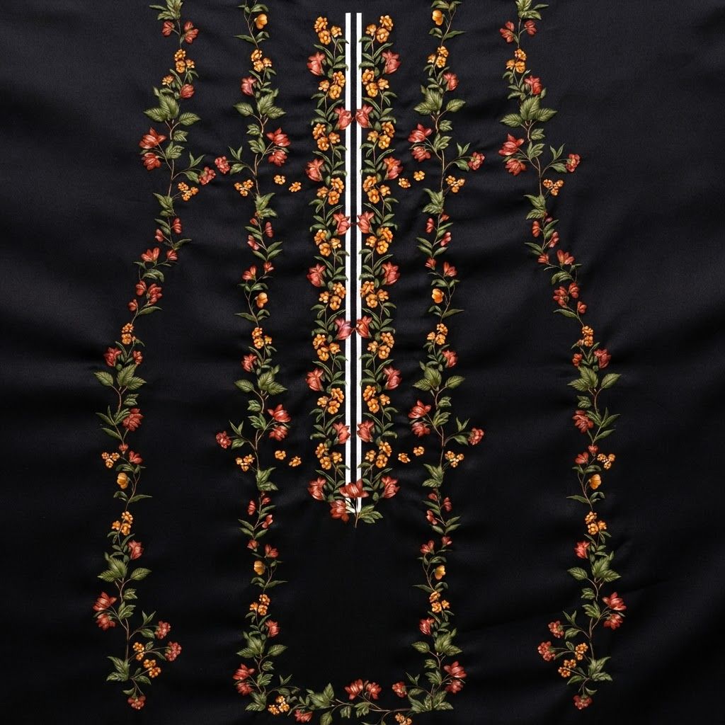 AI Design for @product[Floral Noir Embroidery:134] ye image ko qulity jyada kar ke do

The attached image is a product reference photo. Use it to ensure accurate product representation, including colors, shapes, logos, and details. Maintain product fidelity while adapting to the creative context.

Product-specific instructions: The image displays a vertical digital textile design on a solid black background featuring symmetrical floral vine patterns in shades of orange, red, and deep green. Two parallel white vertical lines run down the center, flanked by botanical motifs.
