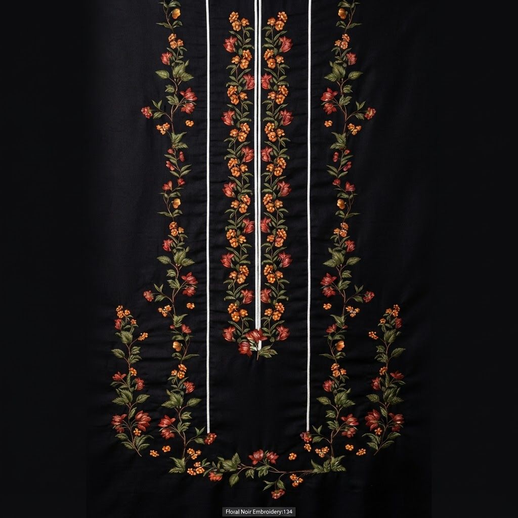 AI Design for @product[Floral Noir Embroidery:134] ye image ko qulity jyada kar ke do

The attached image is a product reference photo. Use it to ensure accurate product representation, including colors, shapes, logos, and details. Maintain product fidelity while adapting to the creative context.

Product-specific instructions: The image displays a vertical digital textile design on a solid black background featuring symmetrical floral vine patterns in shades of orange, red, and deep green. Two parallel white vertical lines run down the center, flanked by botanical motifs.