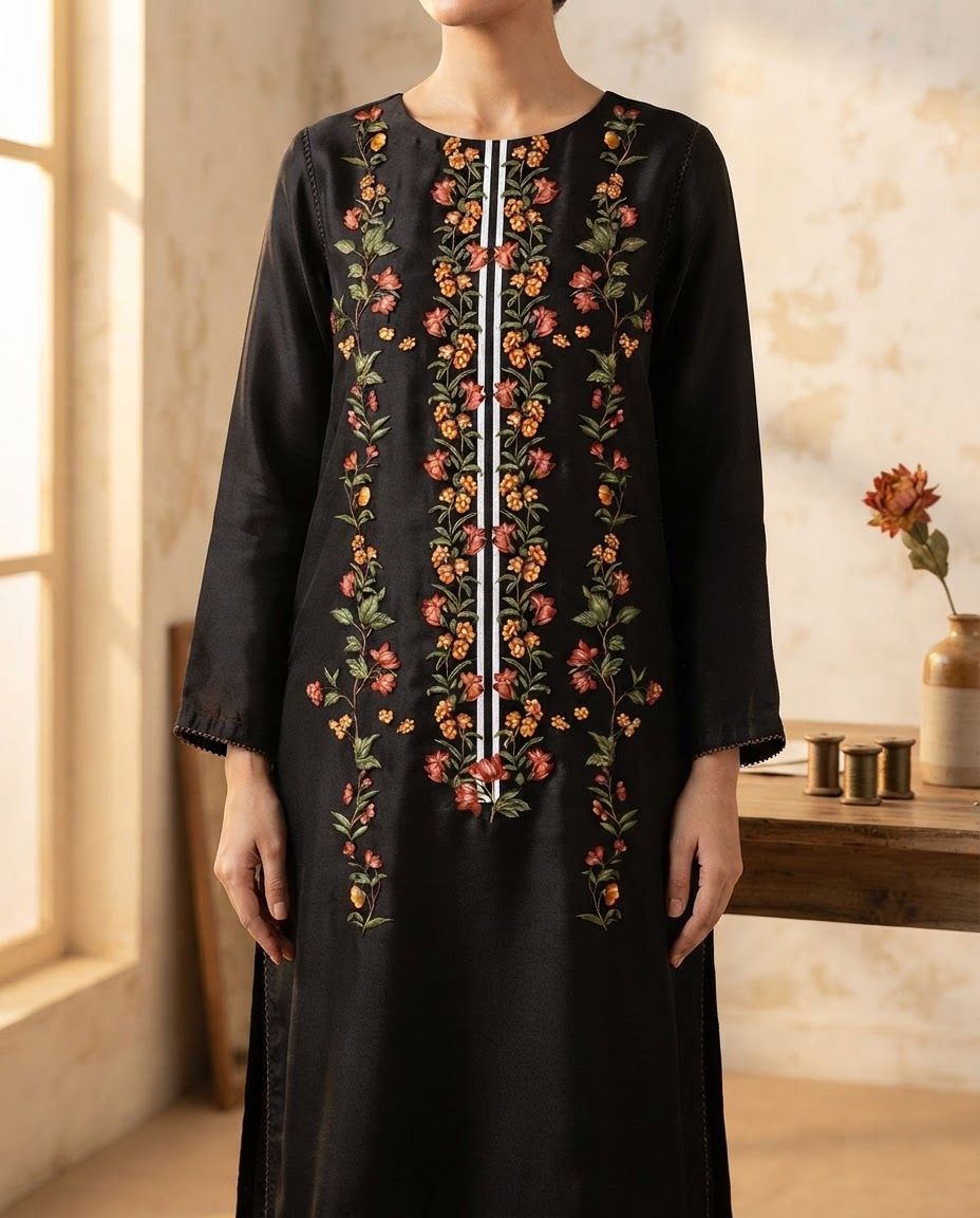 AI Design for Lifestyle product photograph of Floral Noir Embroidery being naturally used in a believable real-world setting. The image displays a vertical digital textile design on a solid black background featuring symmetrical floral vine patterns in shades of orange, red, and deep green. Two parallel white vertical lines run down the center, flanked by botanical motifs. Human-scale context, warm natural light, editorial composition, shallow depth of field, product clearly visible and undistorted.