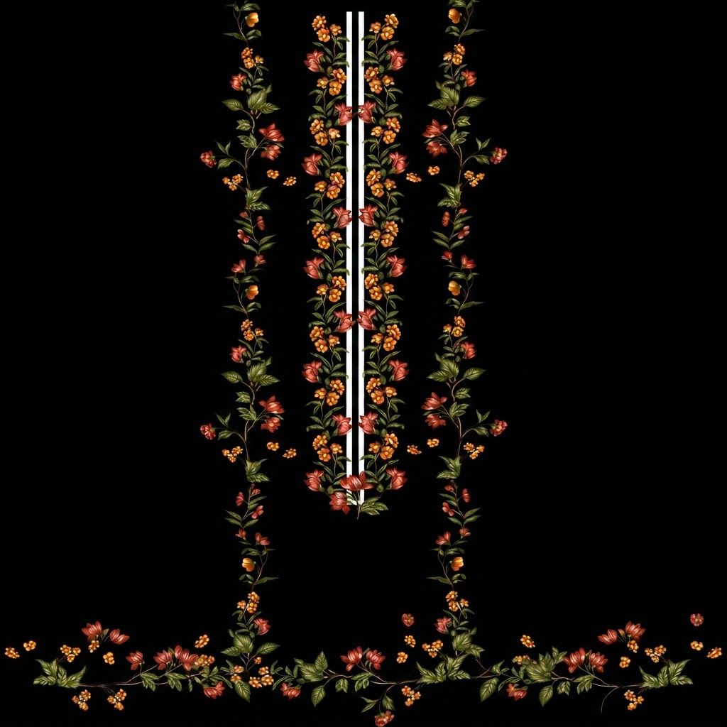 AI Design for @product[Floral Noir Embroidery:134] ye image ko qulity jyada kar ke do

The attached image is a product reference photo. Use it to ensure accurate product representation, including colors, shapes, logos, and details. Maintain product fidelity while adapting to the creative context.

Product-specific instructions: The image displays a vertical digital textile design on a solid black background featuring symmetrical floral vine patterns in shades of orange, red, and deep green. Two parallel white vertical lines run down the center, flanked by botanical motifs.