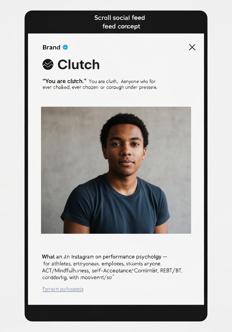 AI Design for Portrait social feed visual concept for Brand name: Clutch
Tagline (optional use): "You are clutch." / Performance psychology for anyone who's ever choked, frozen, or come through under pressure.

What the brand is:
An Instagram page on performance psychology — for athletes, artists, entrepreneurs, employees, students, and anyone navigating pressure, self-doubt, or the need to "perform" in their field. Content blends evidence-based psychology (Self-Determination Theory, ACT/Mindfulness-Acceptance-Commitment, REBT/CBT) with movement/so. Scroll-stopping focal point, editorial crop, balanced foreground and background, designed for a 4:5 feed placement, no generated text or UI elements.
